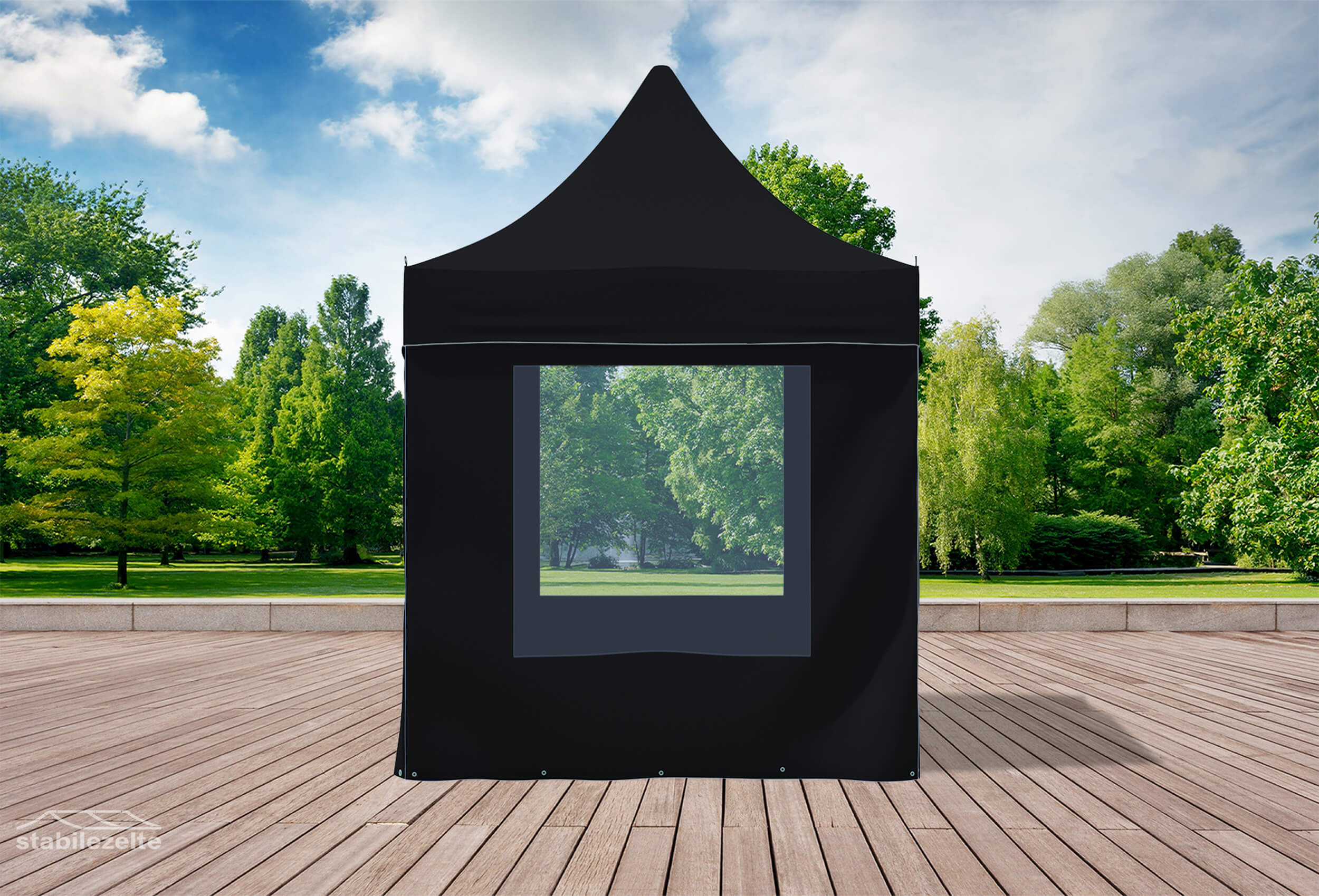 Schwarzer Faltpavillon mit Fenster 3 x 2m in einem Park