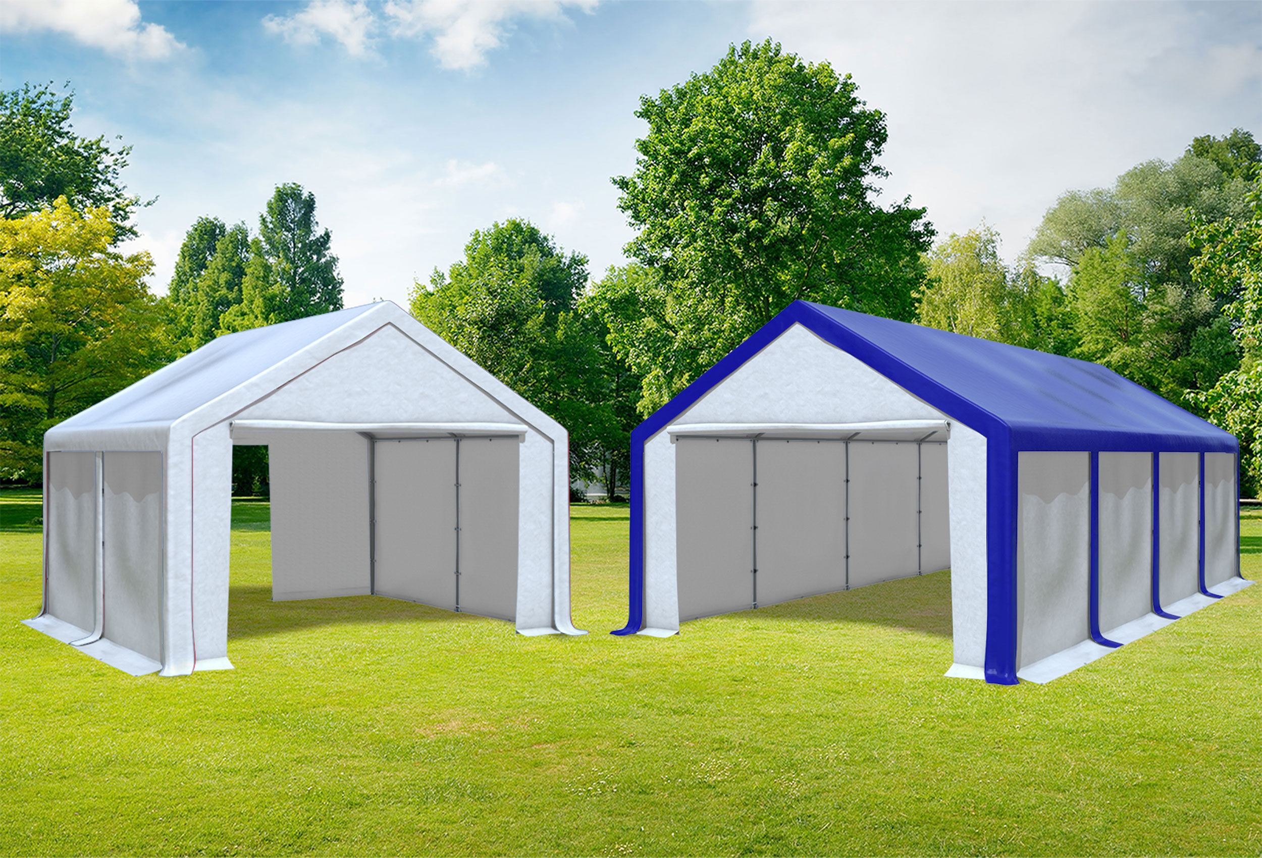 4x8 m 2in1 Kombizelt mit extra 4x4 m Dach, PVC blau weiß