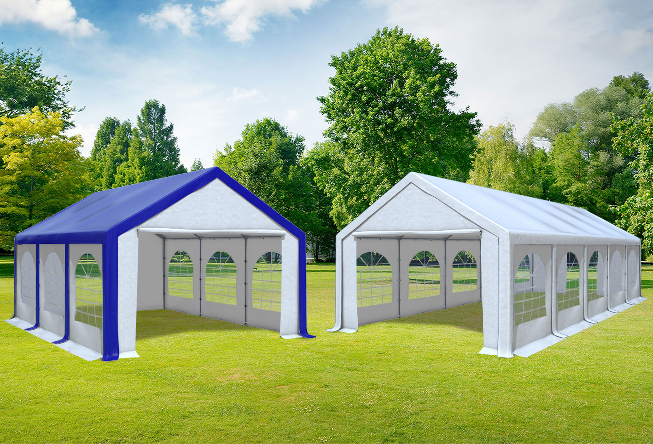 4x10 m 2in1 Kombizelt mit extra 4x6 m Dach, PVC weiß blau