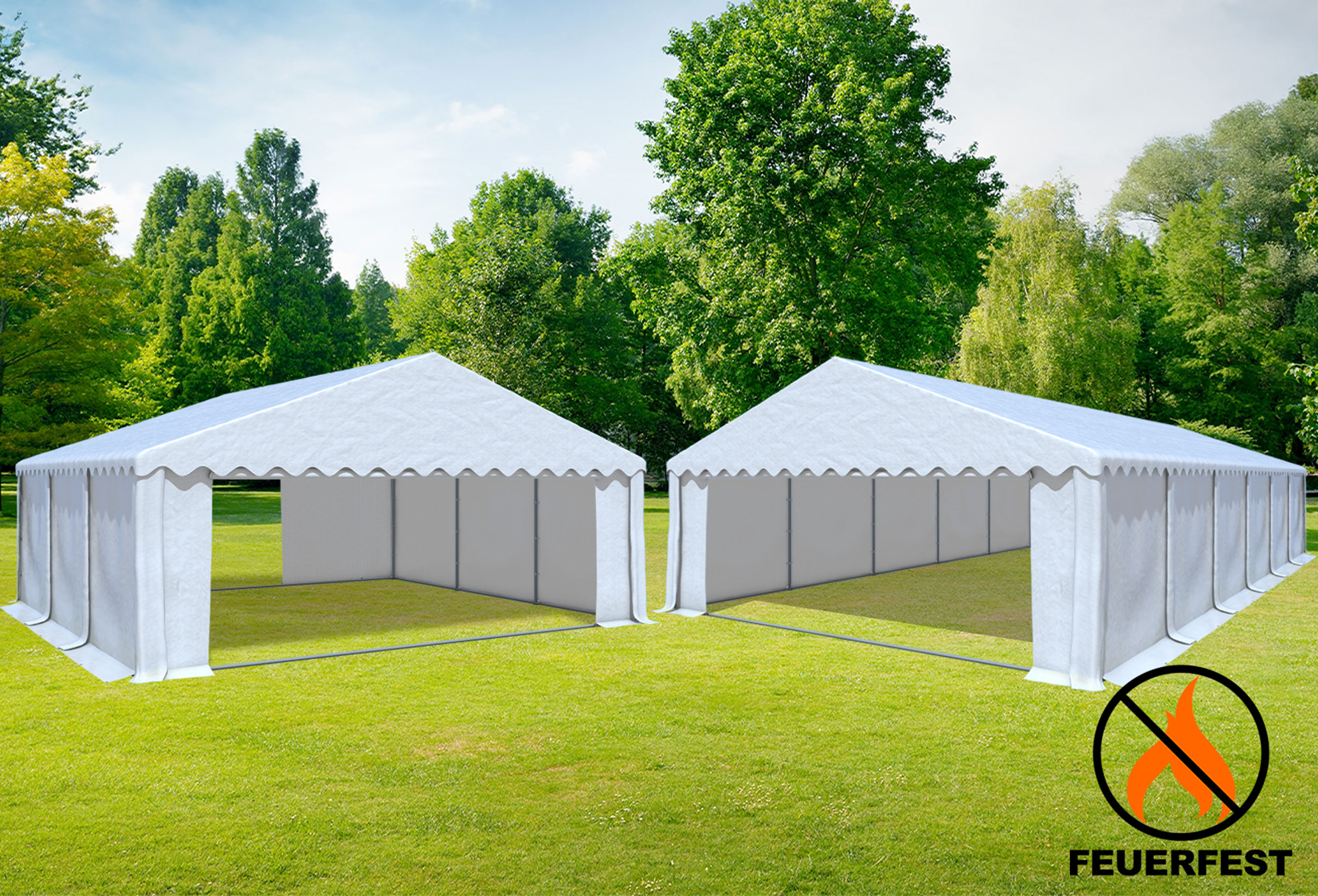 6x12 m 2in1 Kombizelt mit extra 6x8 m Dach, PVC feuersicher weiß