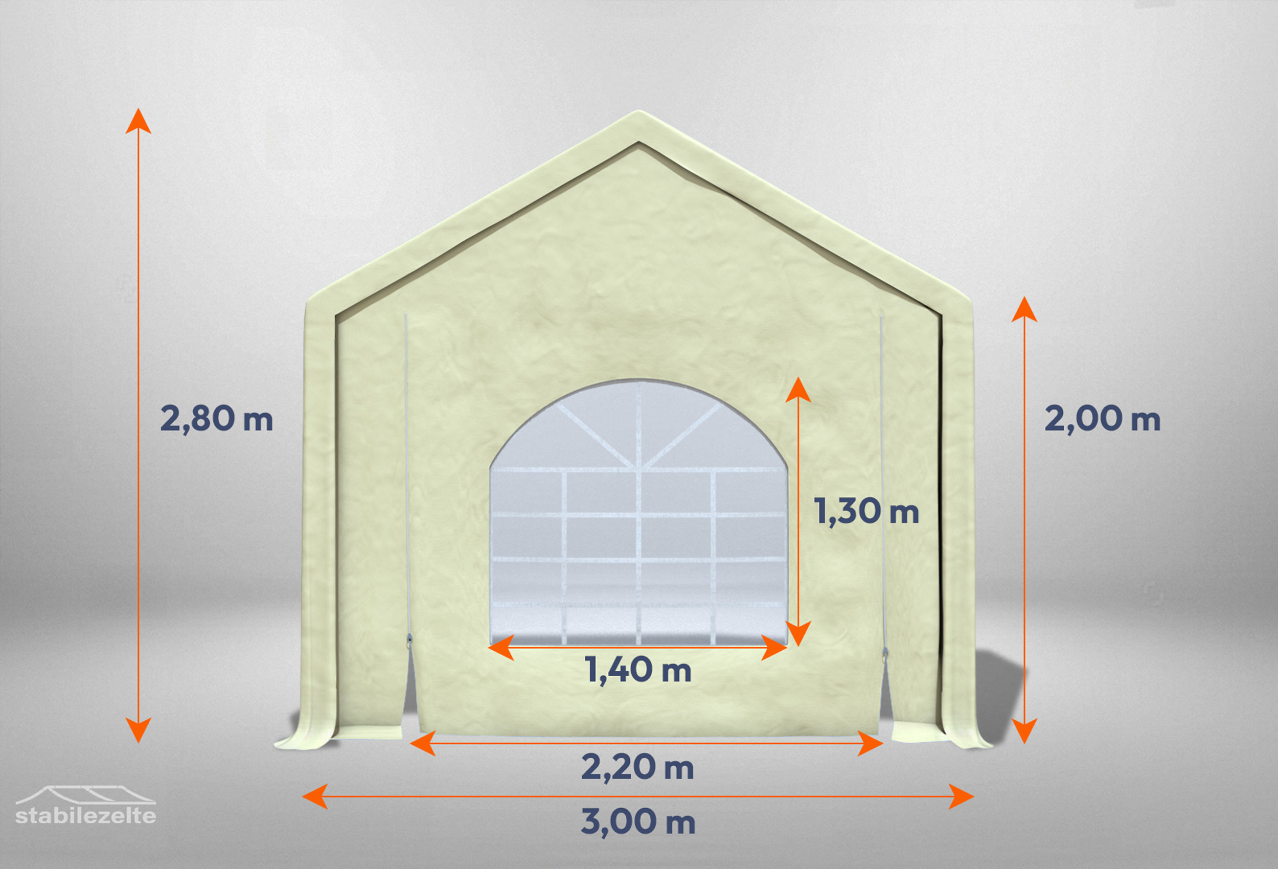 Beiges Giebelteil mit Fenster und Tür 3m für Partyzelte der Modular Serie mitsamt Bemaßung