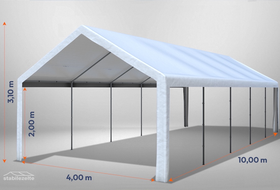 Weißes Partyzelt der Serie Classic 4m x 10m ohne Seitenteile mit Bemaßung