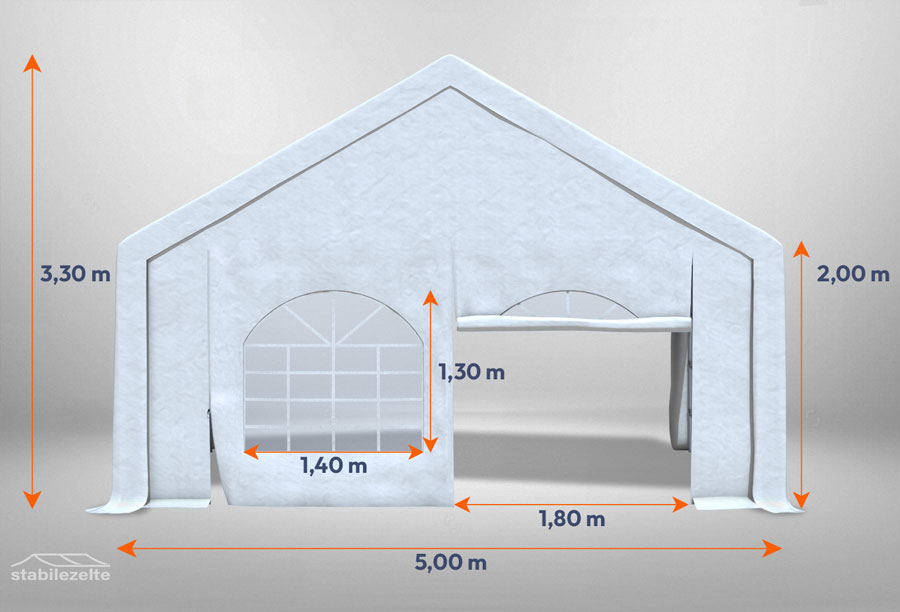 Weißes Giebelteil mit Fenster und Tür 5m für Partyzelte der Modular Serie mitsamt Bemaßung