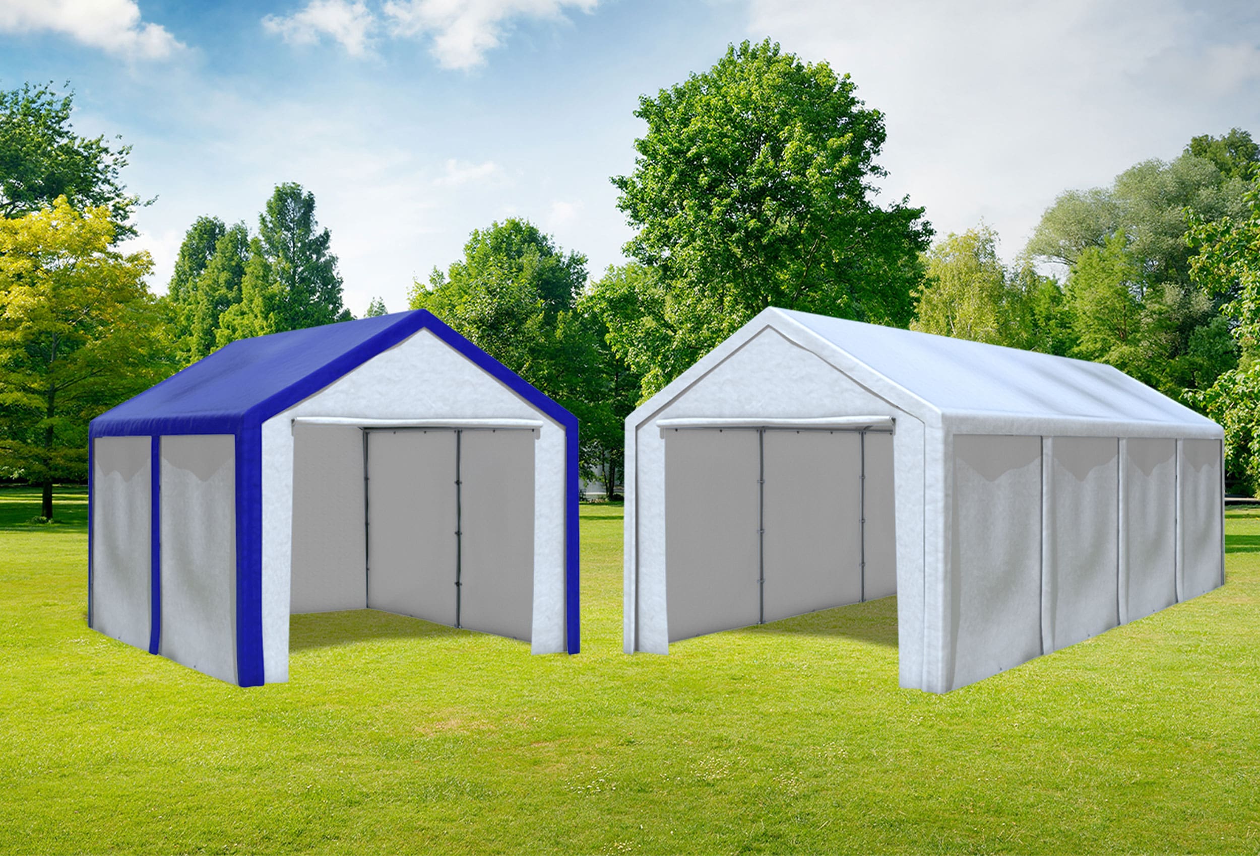 3x8 m 2in1 Kombizelt mit extra 3x4 m Dach, PE weiß blau