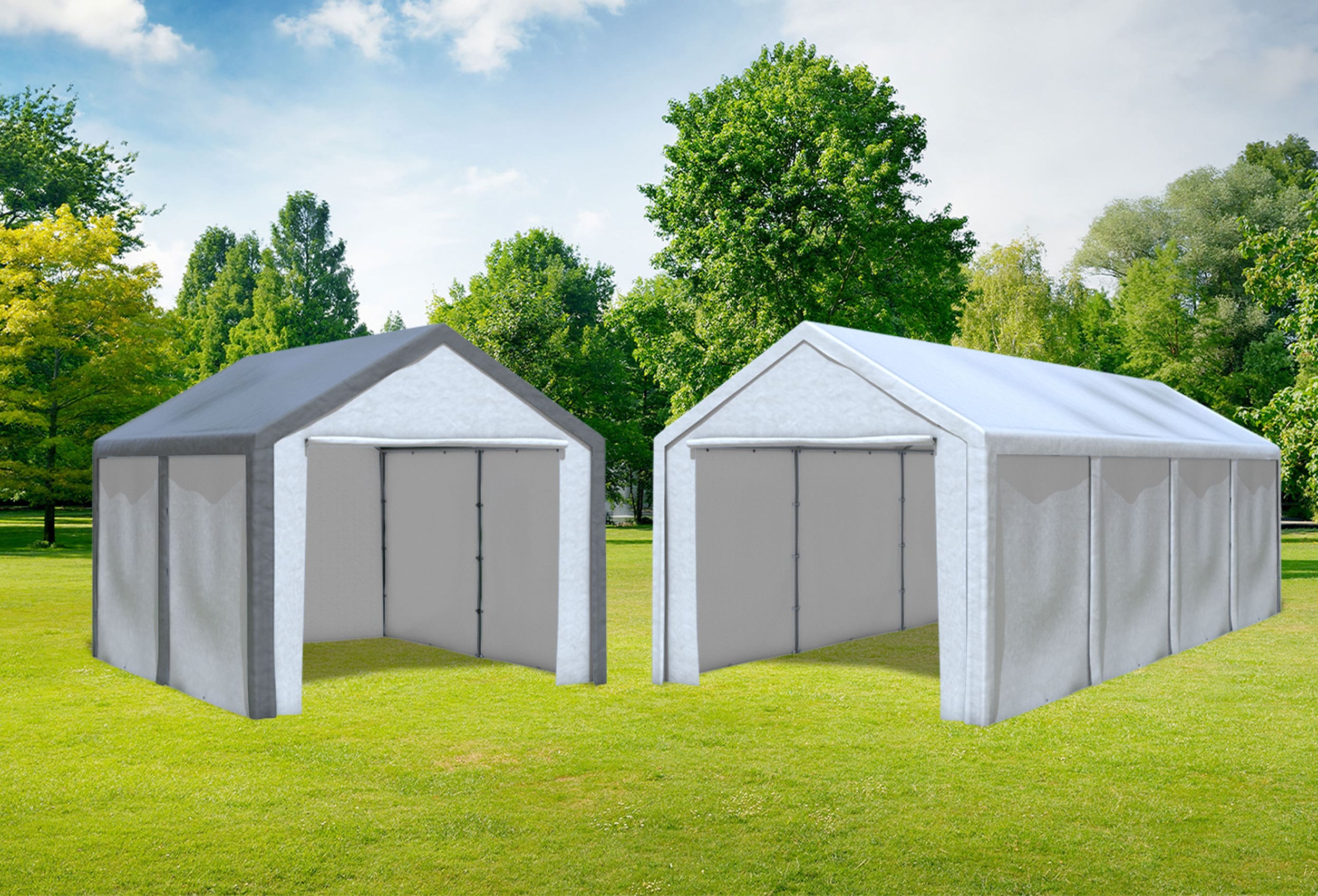 3x8 m 2in1 Kombizelt mit extra 3x4 m Dach, PE weiß grau