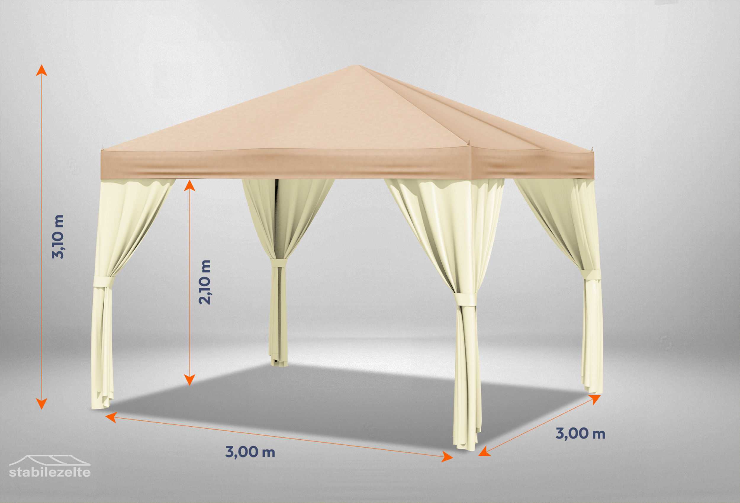 Brauner Gartenpavillon Sahara 3m x 3m mit Bemaßung