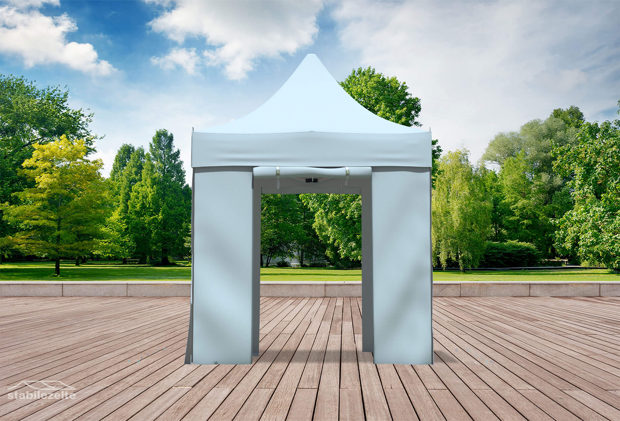 Grauer Faltpavillon mit geöffneten Türen 2 x 2m in einem Park
