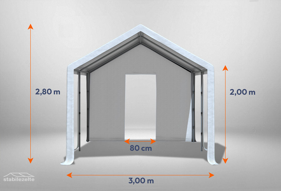 Weißes Giebelteil mit kleiner Tür 3m für Partyzelte der Modular Serie mitsamt Bemaßung