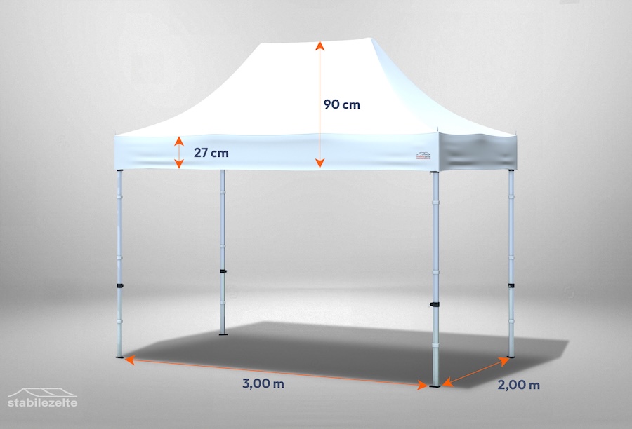 Faltpavillon 3m x 2m ohne Seitenteile mit Bemaßung