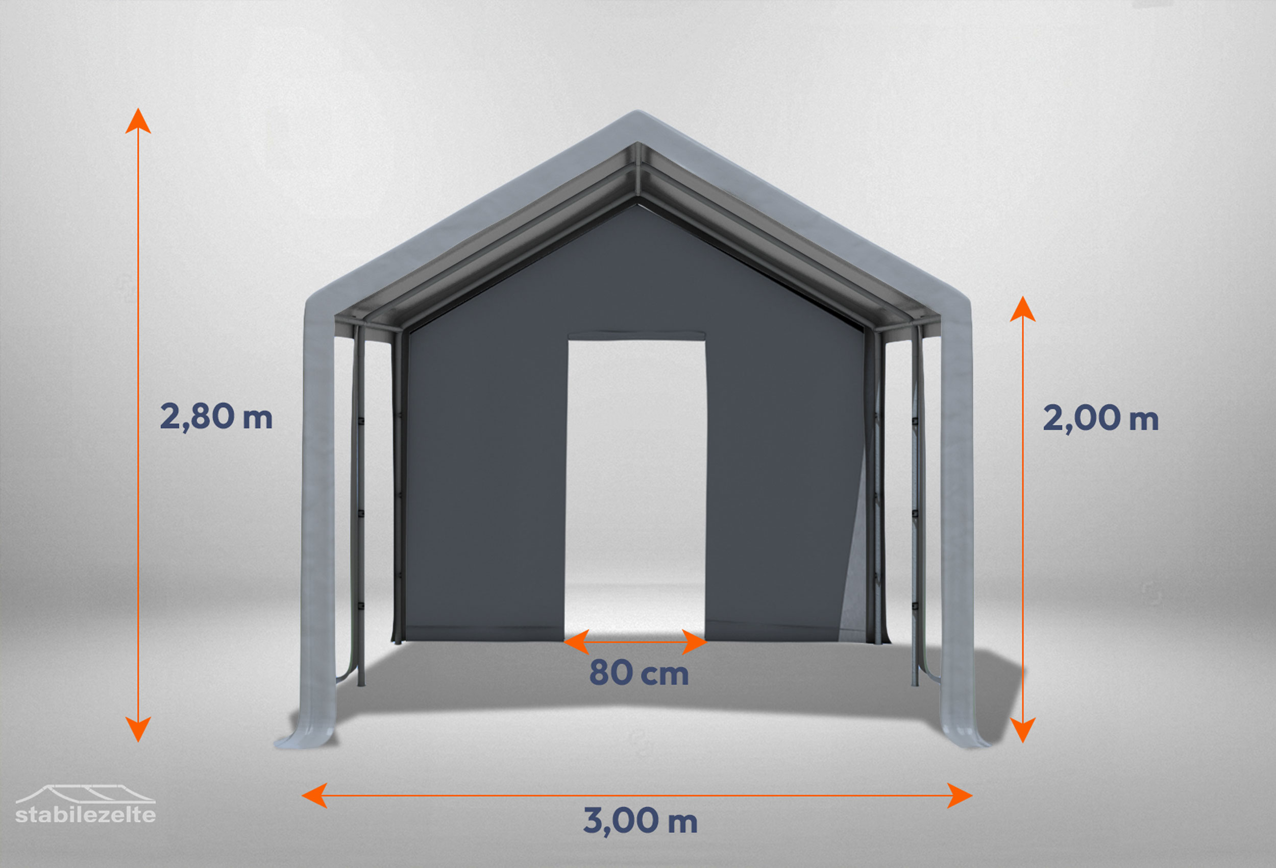 Graues Giebelteil mit kleiner Tür 3m für Partyzelte der Modular Serie mitsamt Bemaßung