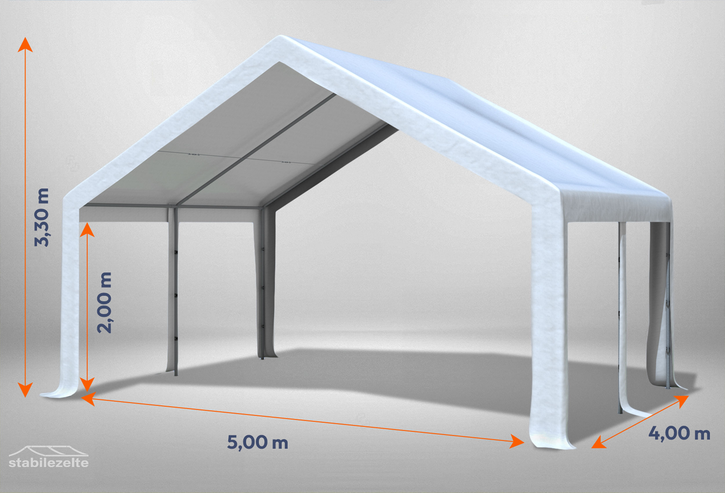 Weißes Partyzelt ohne Seitenteile der Modular Serie mitsamt Bemaßung 5 x 4m