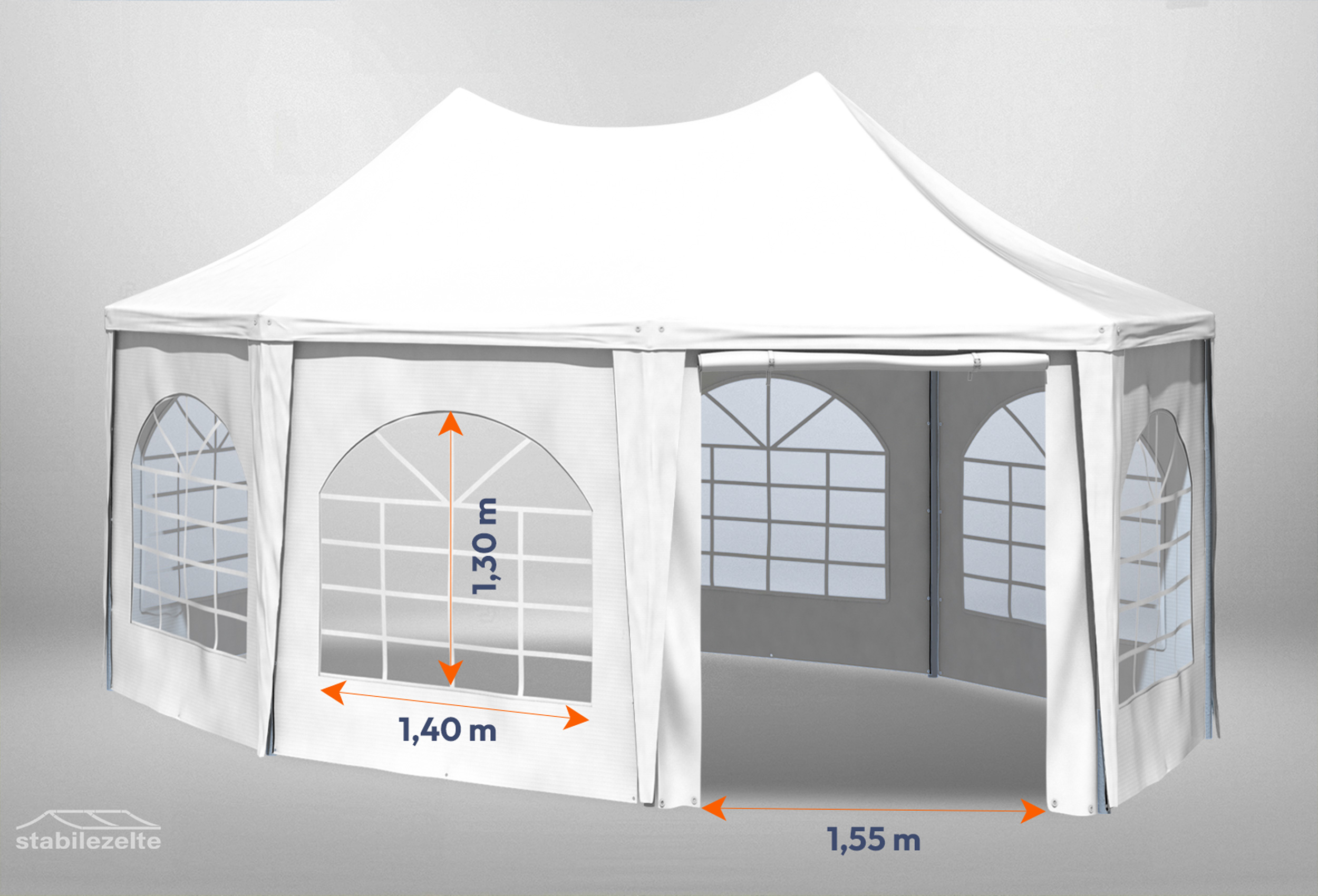 Weißer, 8-eckiger Gartenpavillon 4m x 5,5m mit Bemaßung von Tür und Fenster