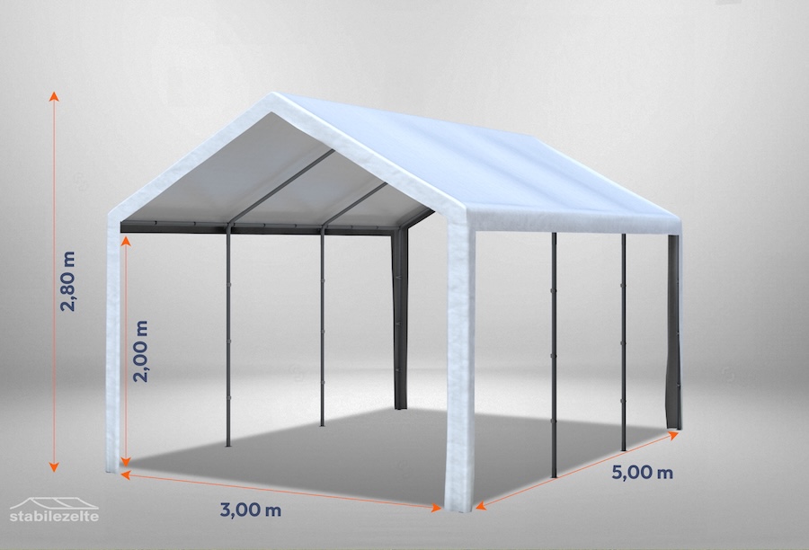 Weißes Partyzelt der Serie Classic 3m x 5m ohne Seitenteile mit Bemaßung