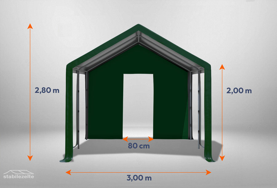 Grünes Giebelteil mit kleiner Tür 3m für Partyzelte der Modular Serie mitsamt Bemaßung