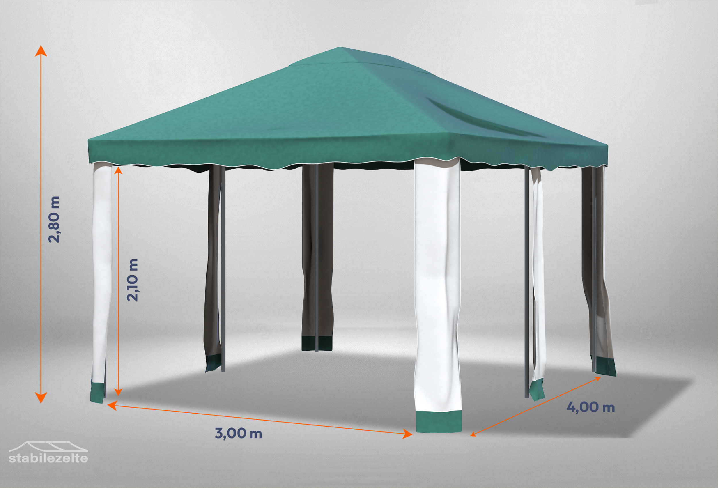 Grüner Gartenpavillon Deluxe 3m x 4m mit Bemaßung