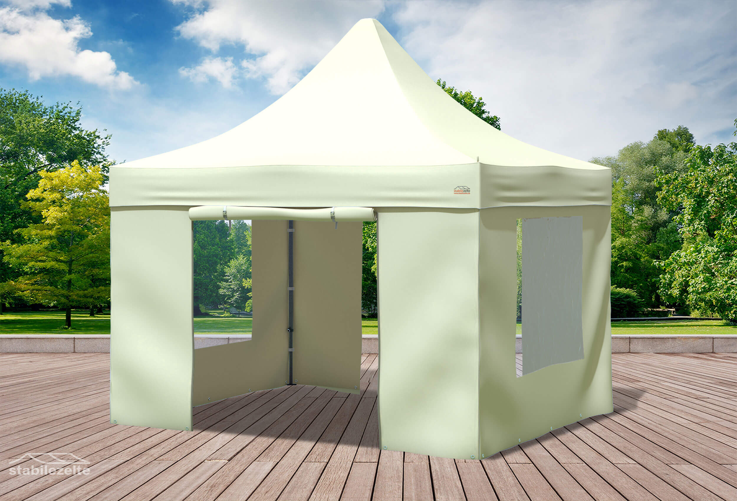 Beiger Faltpavillon mit Fenster und Türen 3 x 3m in einem Park