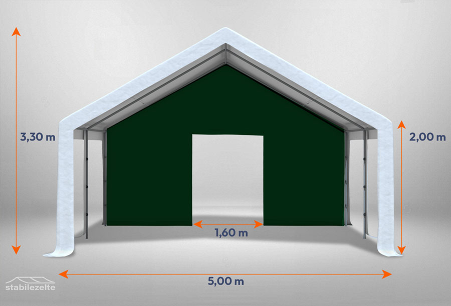 Grünes Giebelteil mit kleiner Tür 5m für Partyzelte der Modular Serie mitsamt Bemaßung