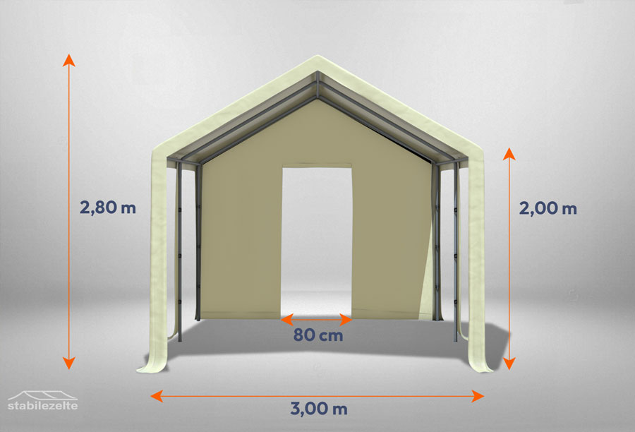 Beiges Giebelteil mit kleiner Tür 3m für Partyzelte der Modular Serie mitsamt Bemaßung