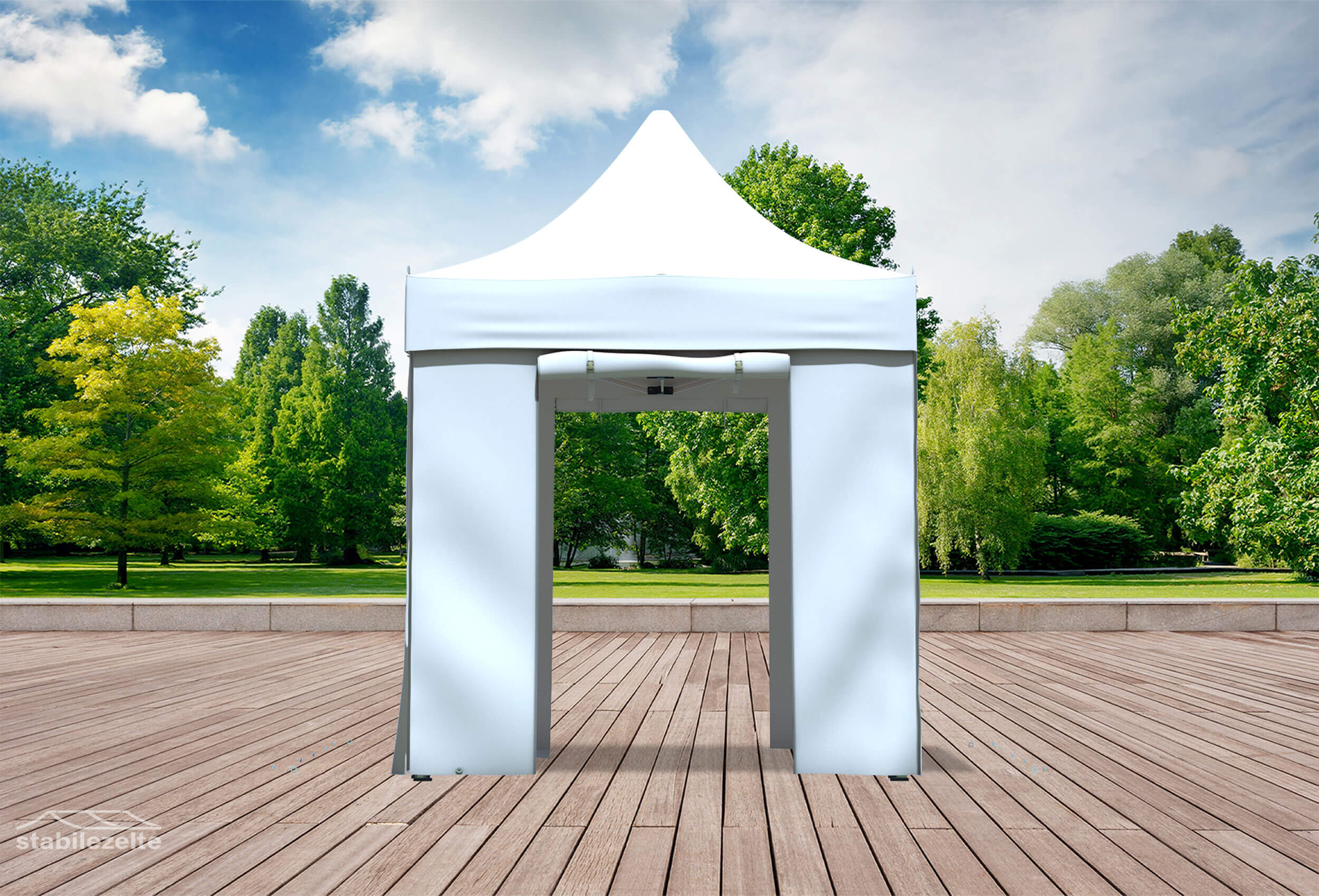 Weißer Faltpavillon mit geöffneten Türen 2 x 2m in einem Park