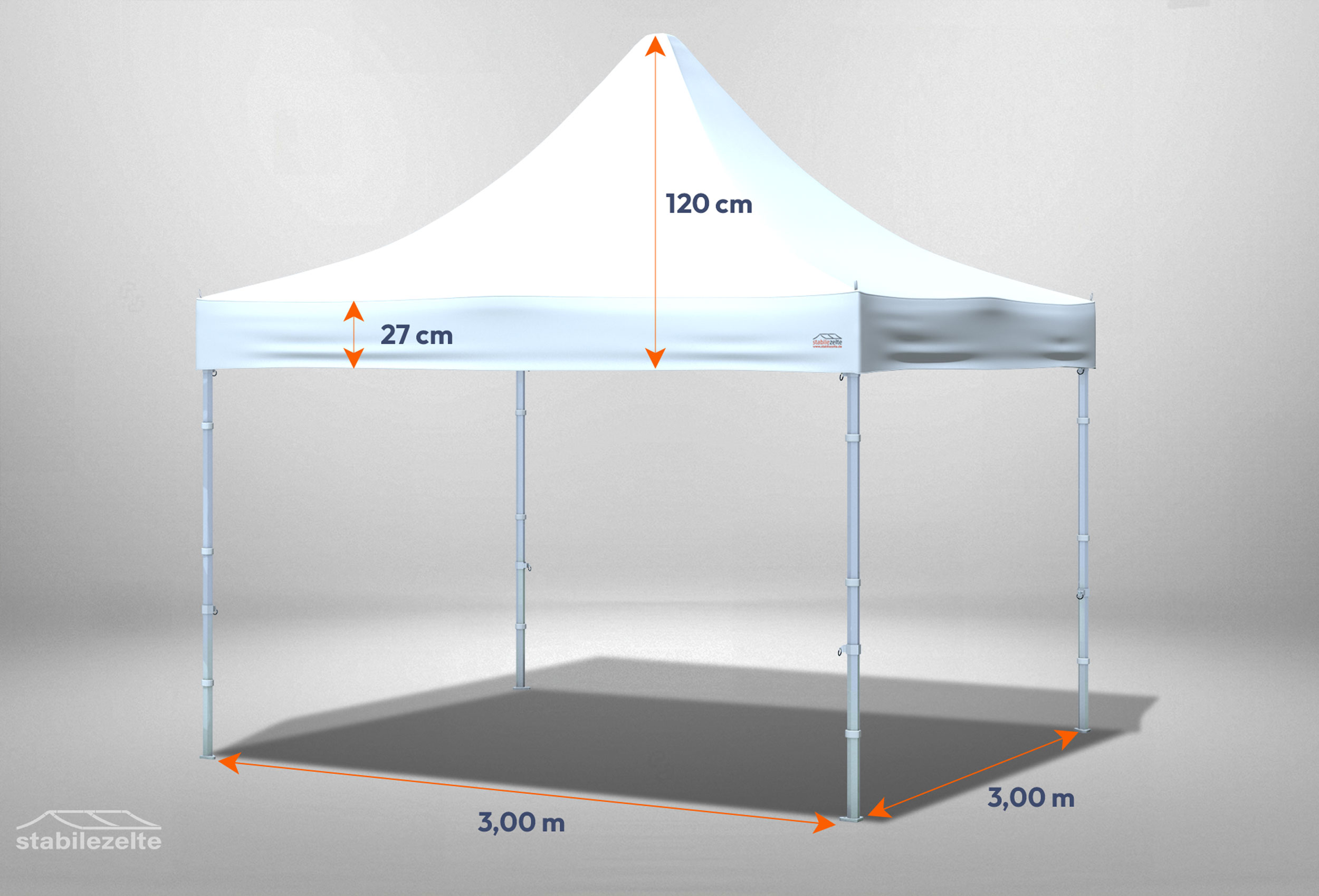 Weißer Faltpavillon ohne Seitenteile 3 x 3m mit Bemaßung