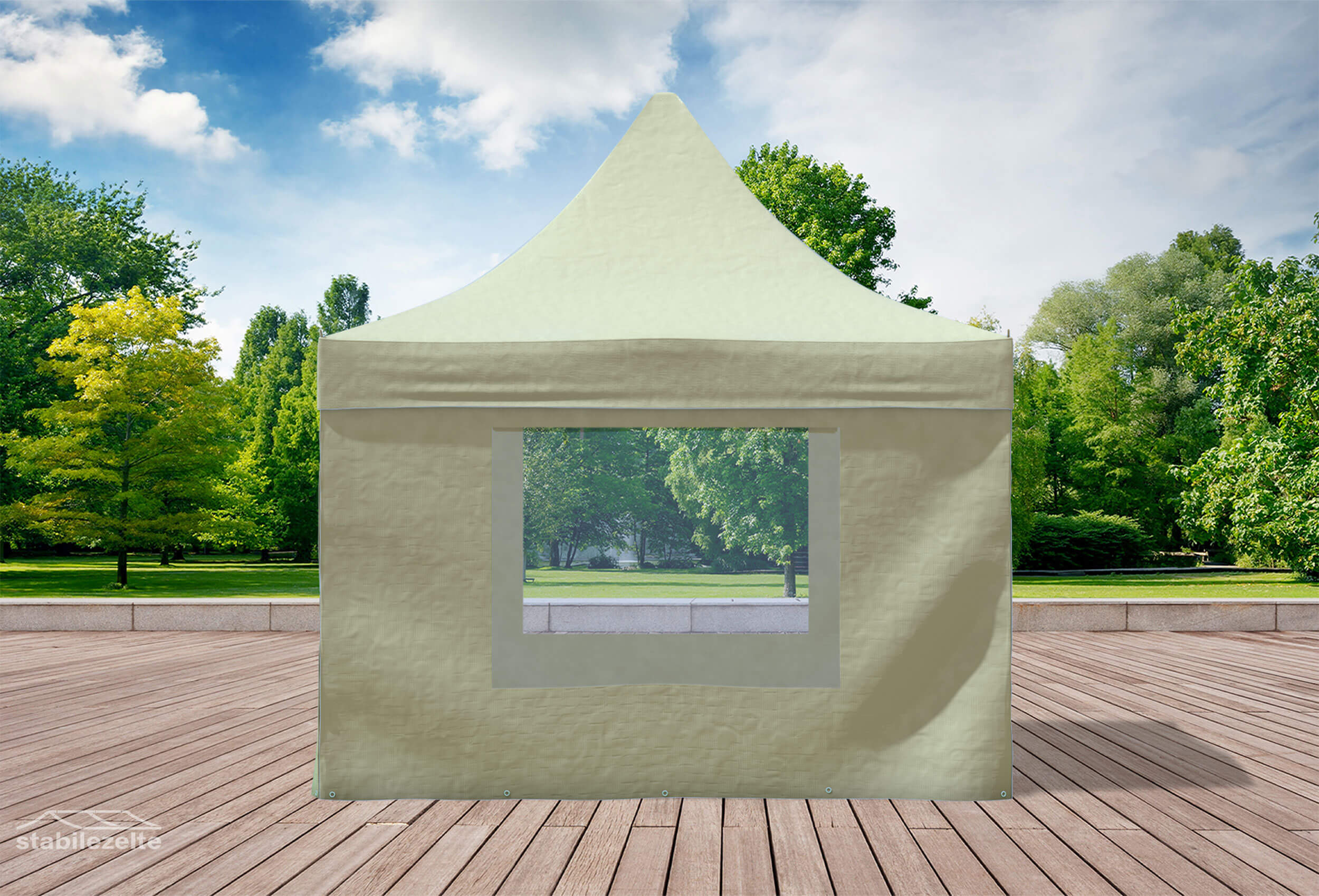 Beiger Faltpavillon mit Fenster 3 x 3m in einem Park