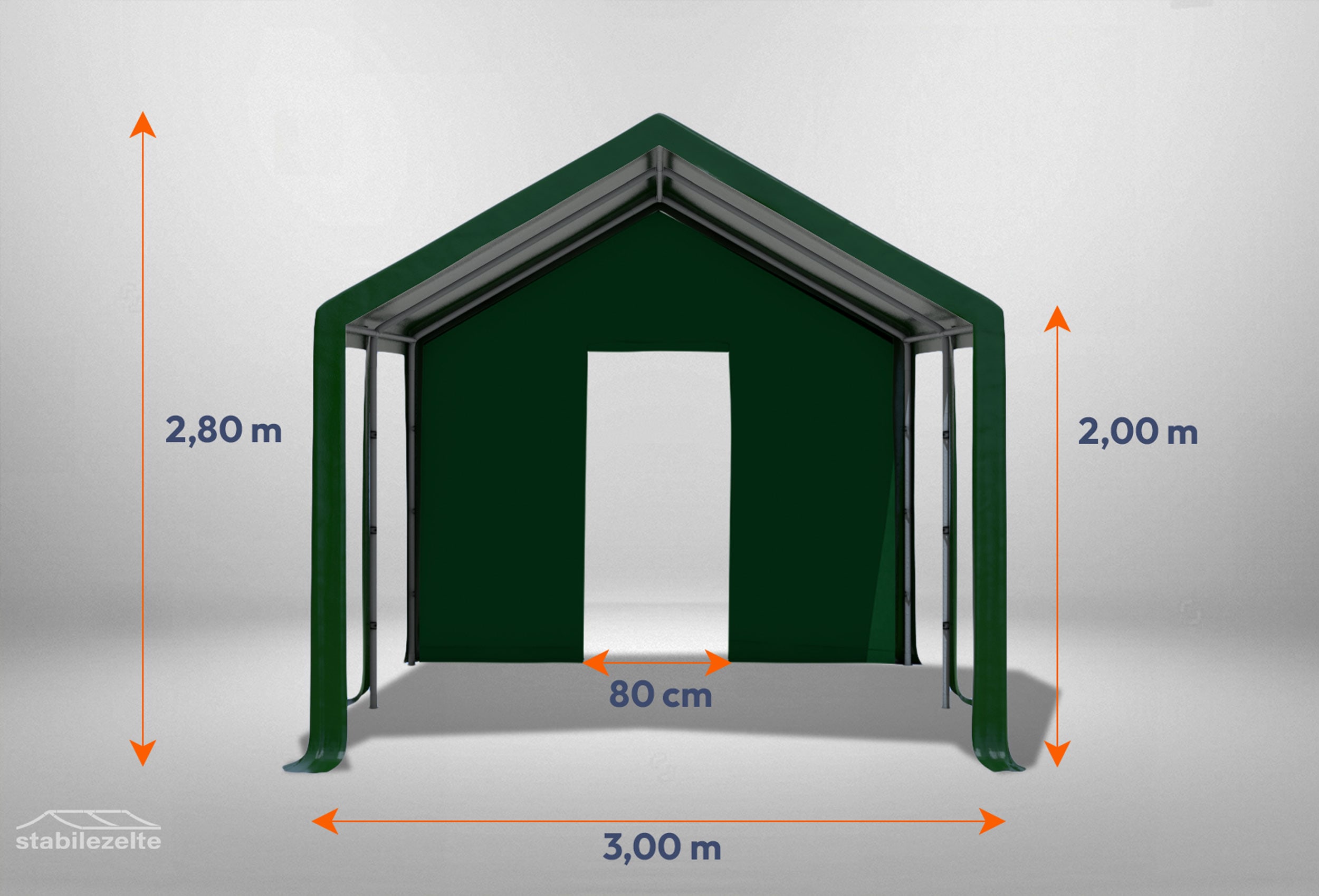 Grünes Giebelteil mit kleiner Tür 3m für Partyzelte der Modular Serie mitsamt Bemaßung
