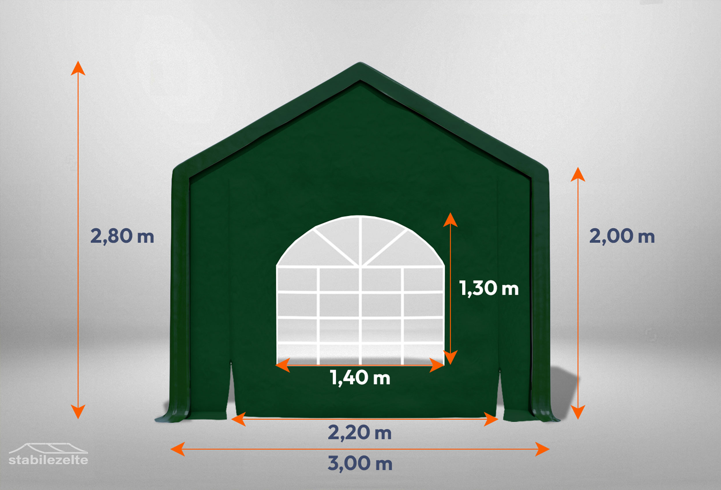 Grünes Giebelteil mit Fenster und Tür 3m für Partyzelte der Modular Serie mitsamt Bemaßung