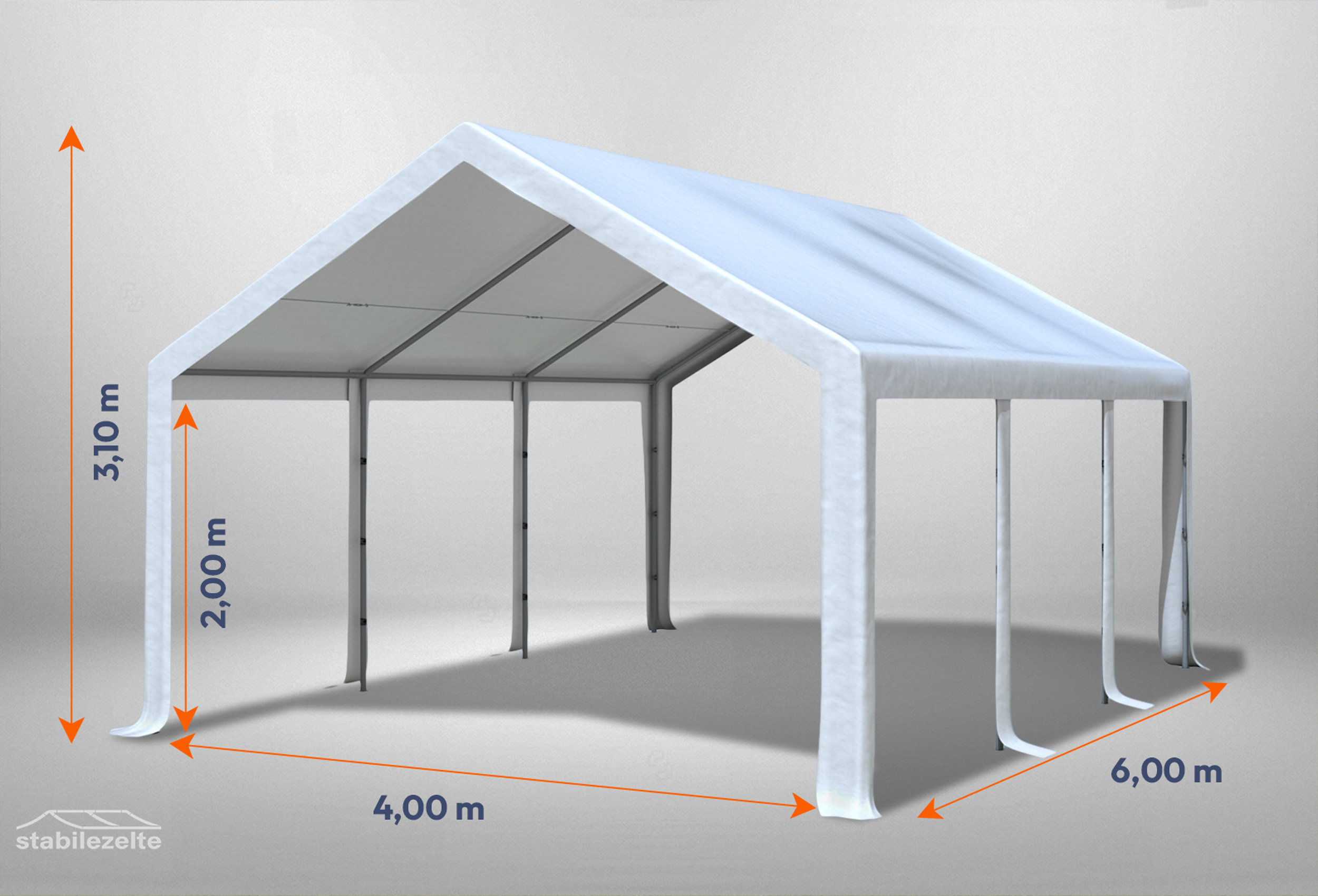 Weißes Partyzelt ohne Seitenteile der Modular Serie mitsamt Bemaßung 4 x 6m