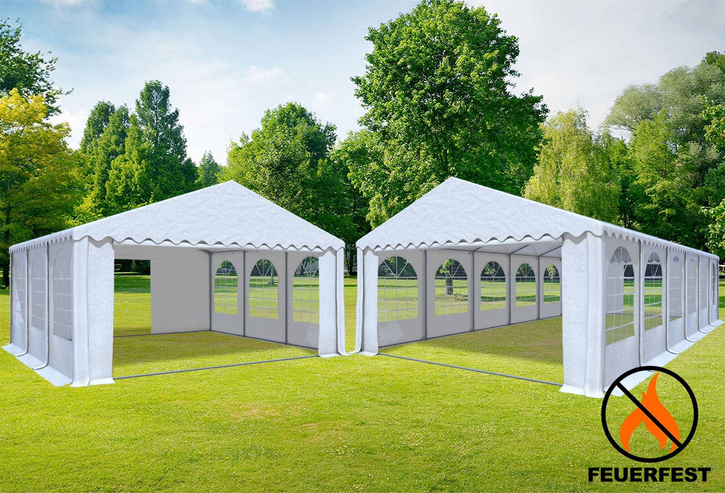 6x10 m 2in1 Kombizelt mit extra 6x6 m Dach, 2,6m Seitenhöhe PVC feuersicher weiß