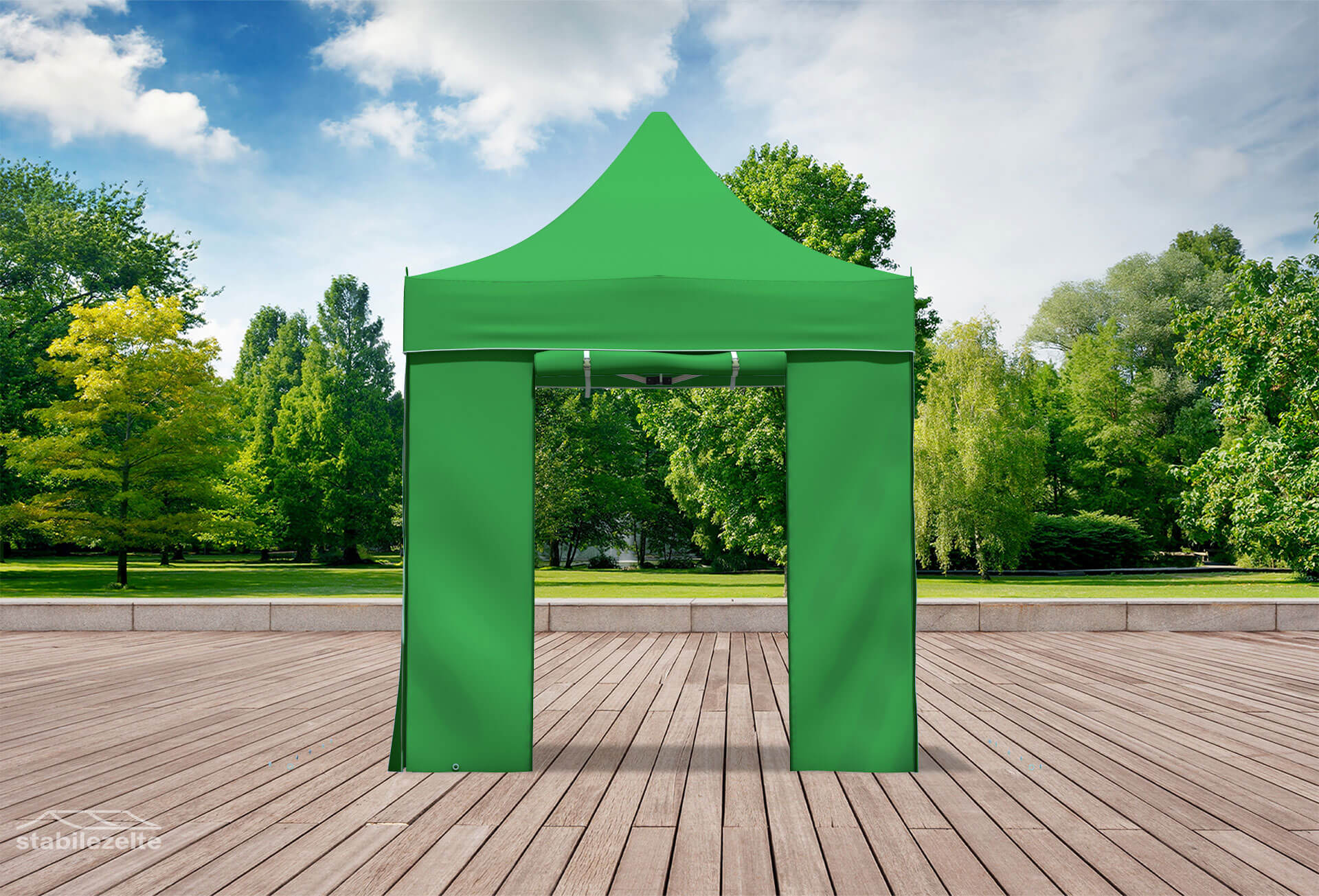 Grüner Faltpavillon mit geöffneten Türen 2 x 2m in einem Park