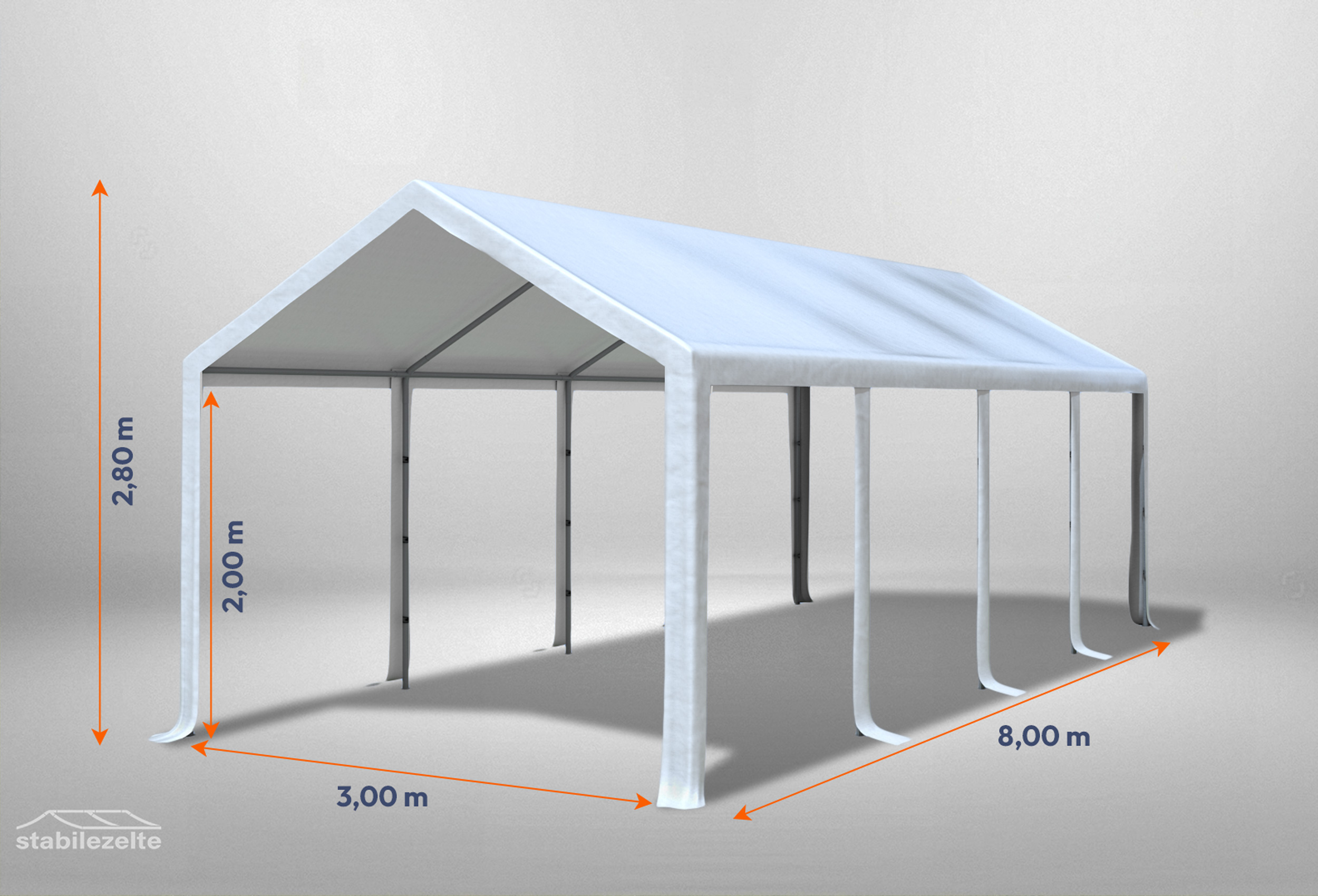 Weißes Partyzelt ohne Seitenteile der Modular Serie mitsamt Bemaßung 3 x 8m