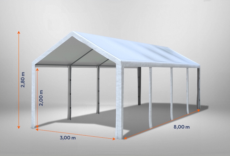 Weißes Partyzelt der Modular Serie ohne Seitenteile 3 x 8m