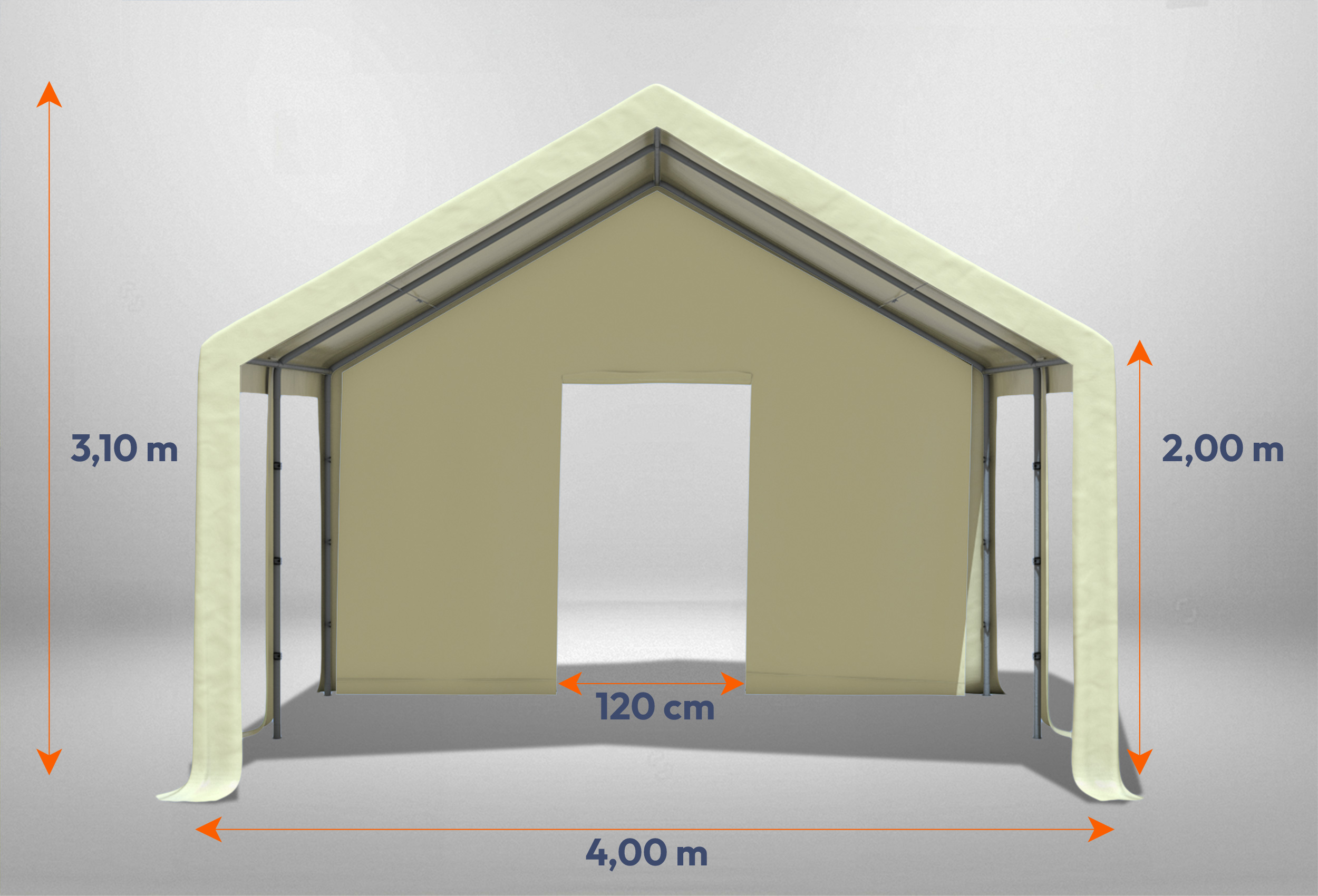 Beiges Giebelteil mit kleiner Tür 4m für Partyzelte der Modular Serie mitsamt Bemaßung