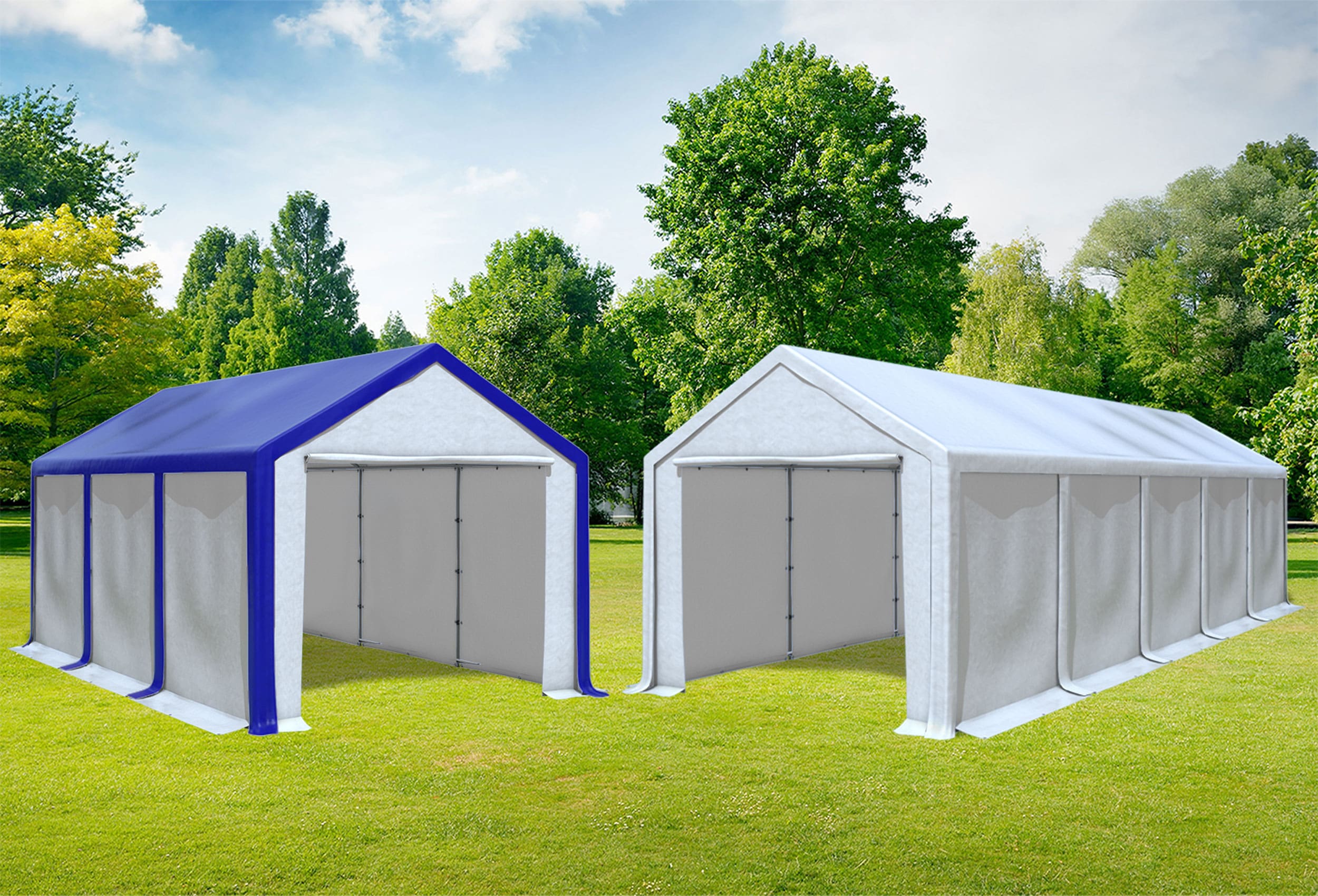 3x10 m 2in1 Kombizelt mit extra 3x6 m Dach, PVC weiß blau