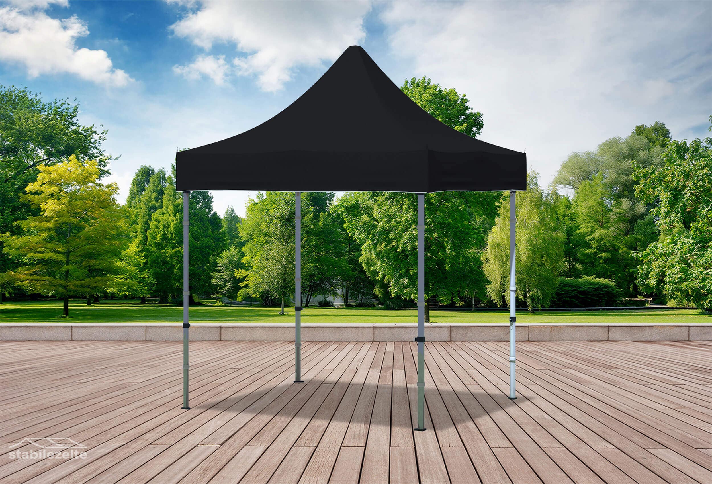 Schwarzer Faltpavillon ohne Seitenteile 2 x 2m in einem Park