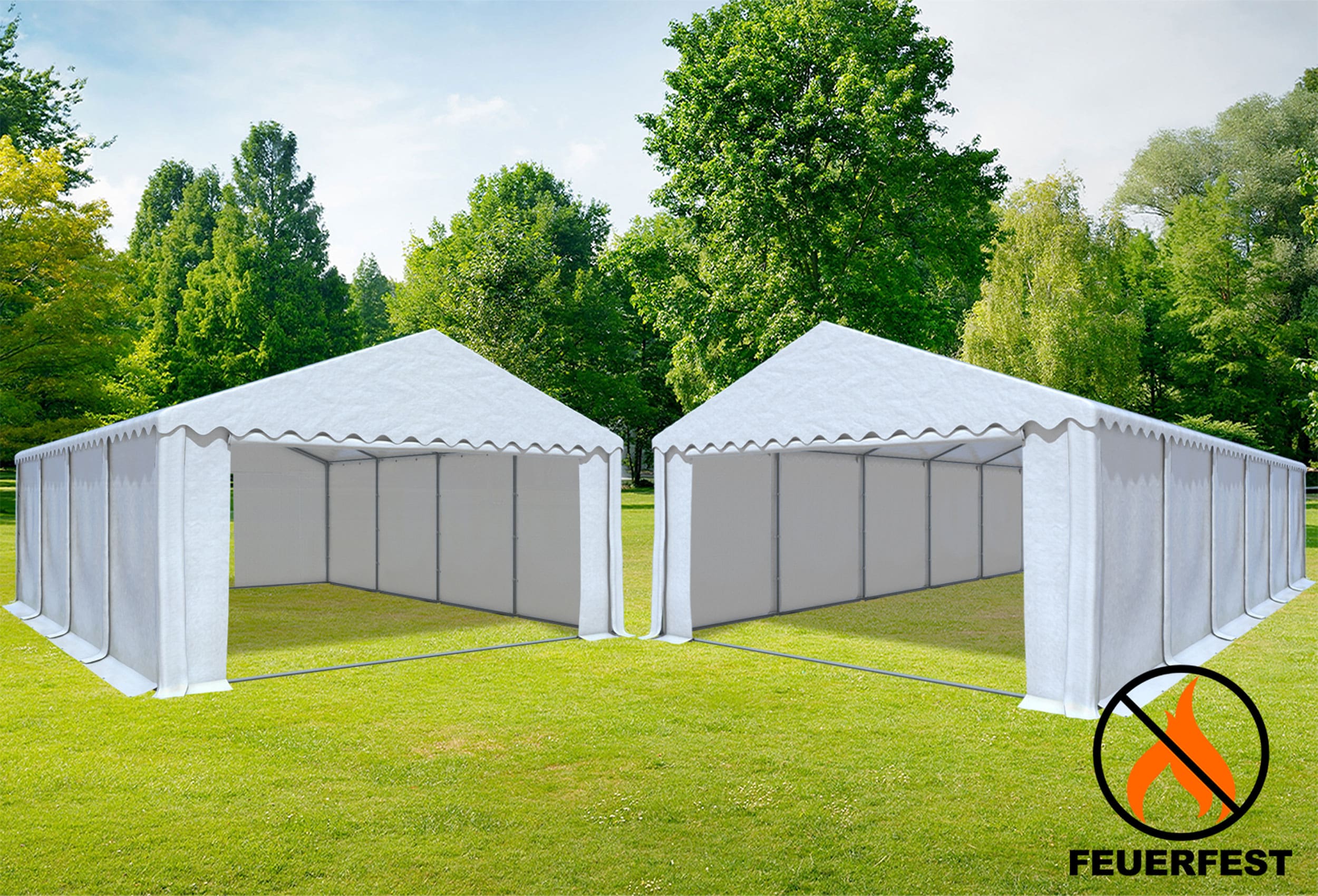 6x12 m 2in1 Kombizelt mit extra 6x8 m Dach, 2,6m Seitenhöhe PVC feuersicher weiß