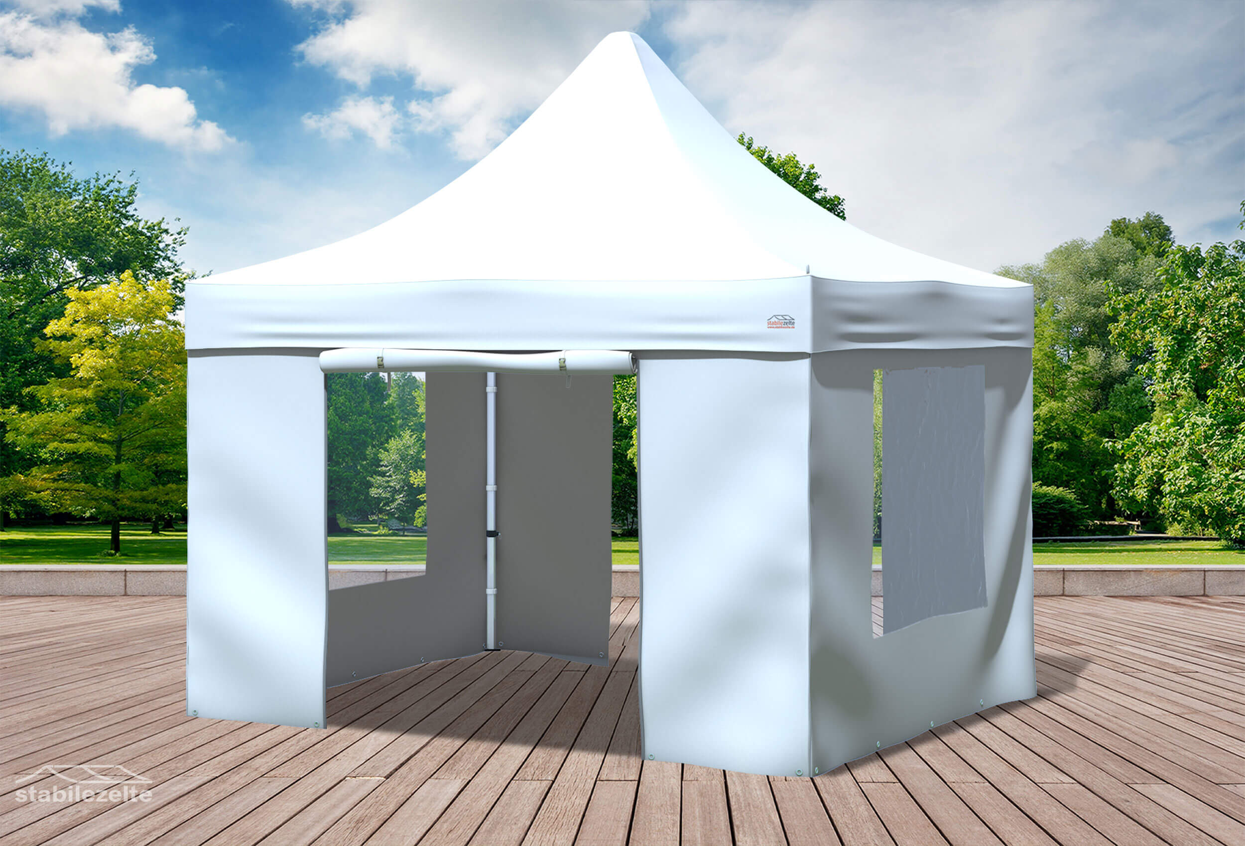 Weißer Faltpavillon mit Fenster und Türen 3 x 3m in einem Park