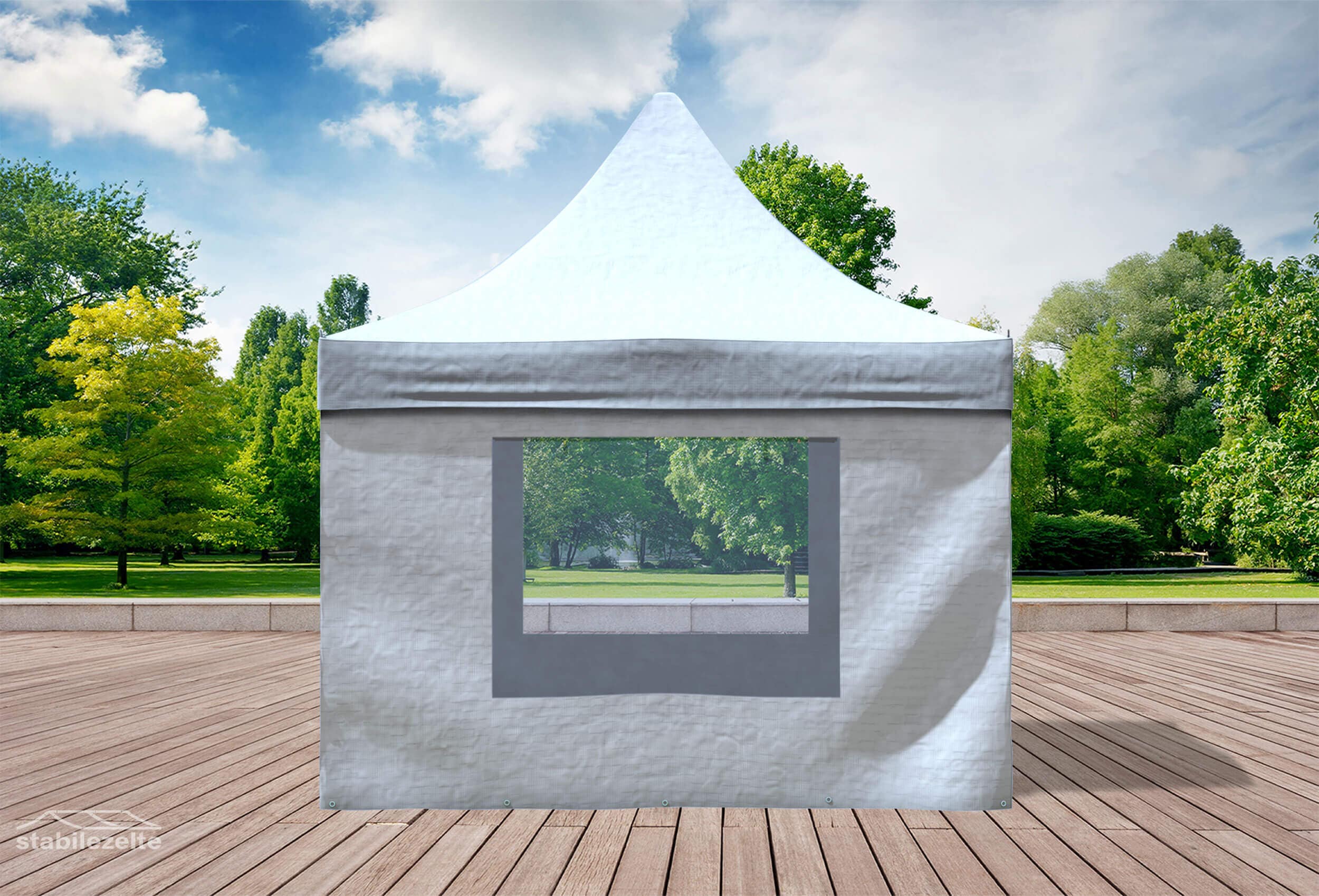 Weißer Faltpavillon mit Fenster 3 x 3m in einem Park