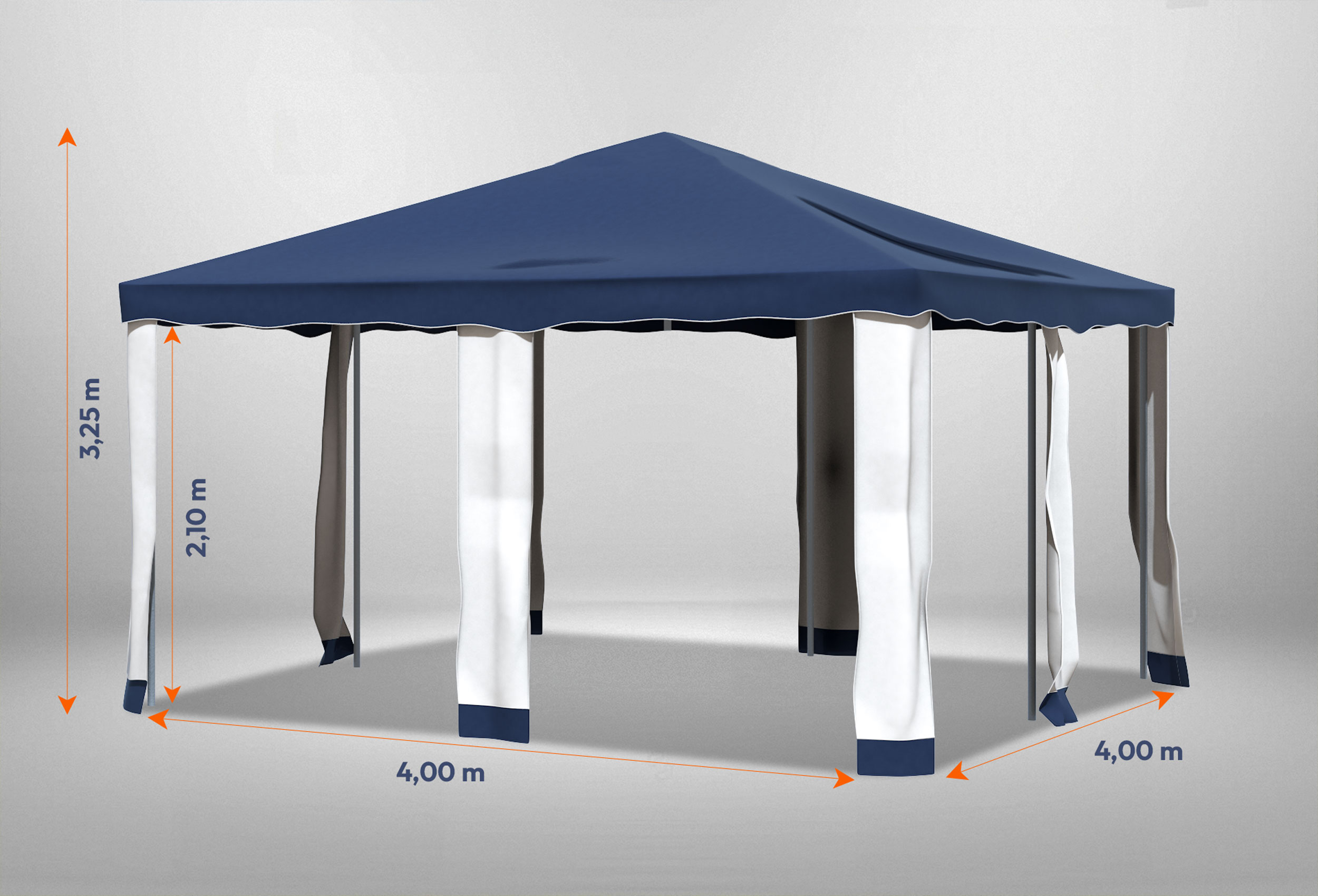 Blauer Gartenpavillon Deluxe 4m x 4m mit Bemaßung