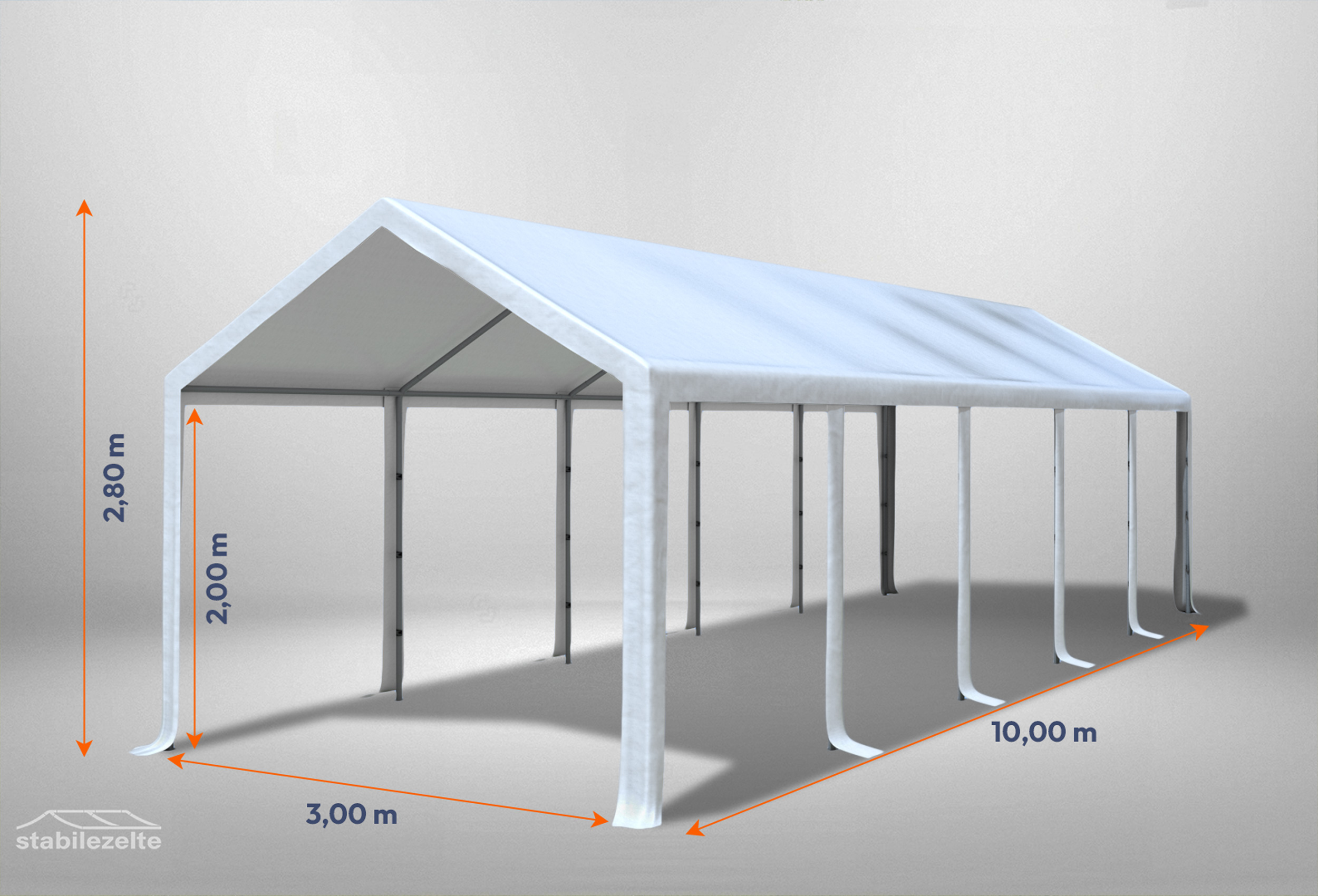Weißes Partyzelt ohne Seitenteile der Modular Serie mitsamt Bemaßung 3 x 10m