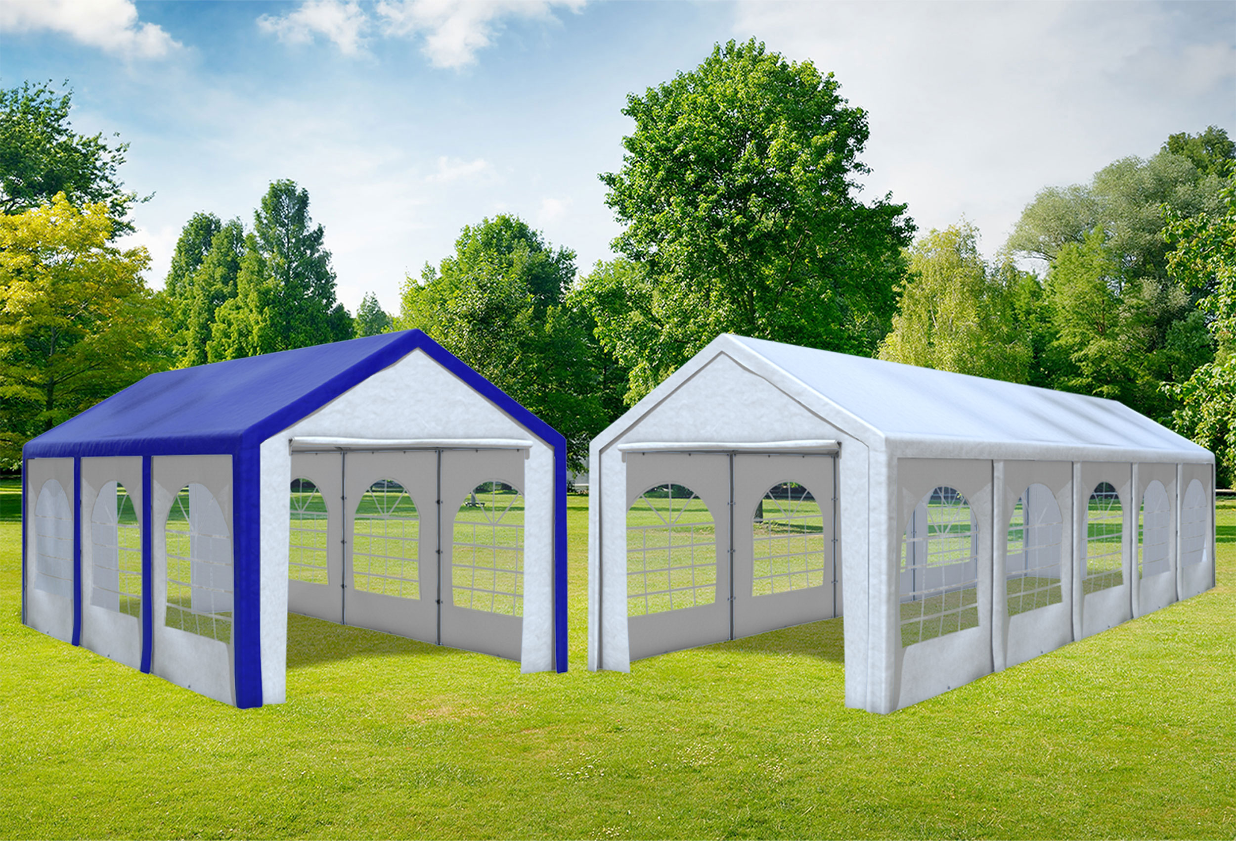 3x10 m 2in1 Kombizelt mit extra 3x6 m Dach, PE weiß blau