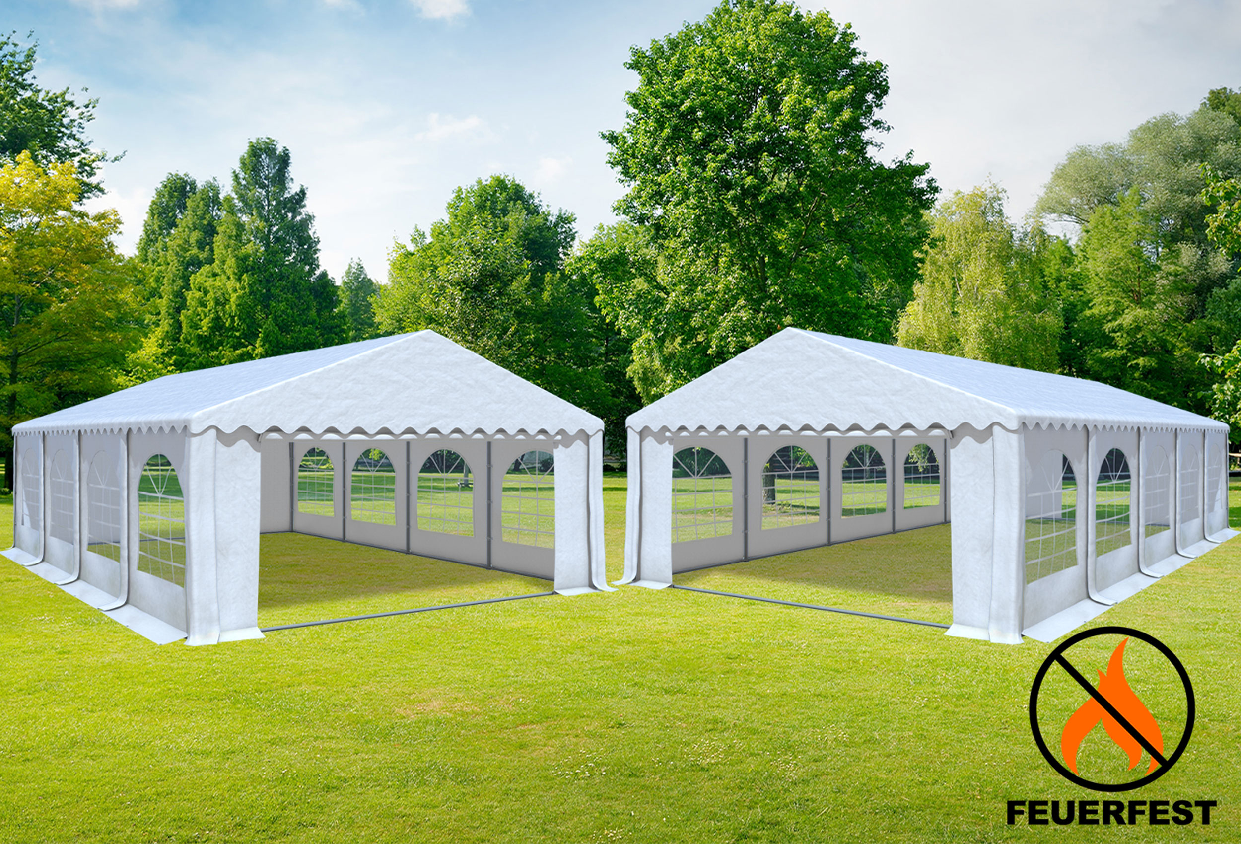 5x10 m 2in1 Kombizelt mit extra 5x8 m Dach, PVC feuersicher weiß
