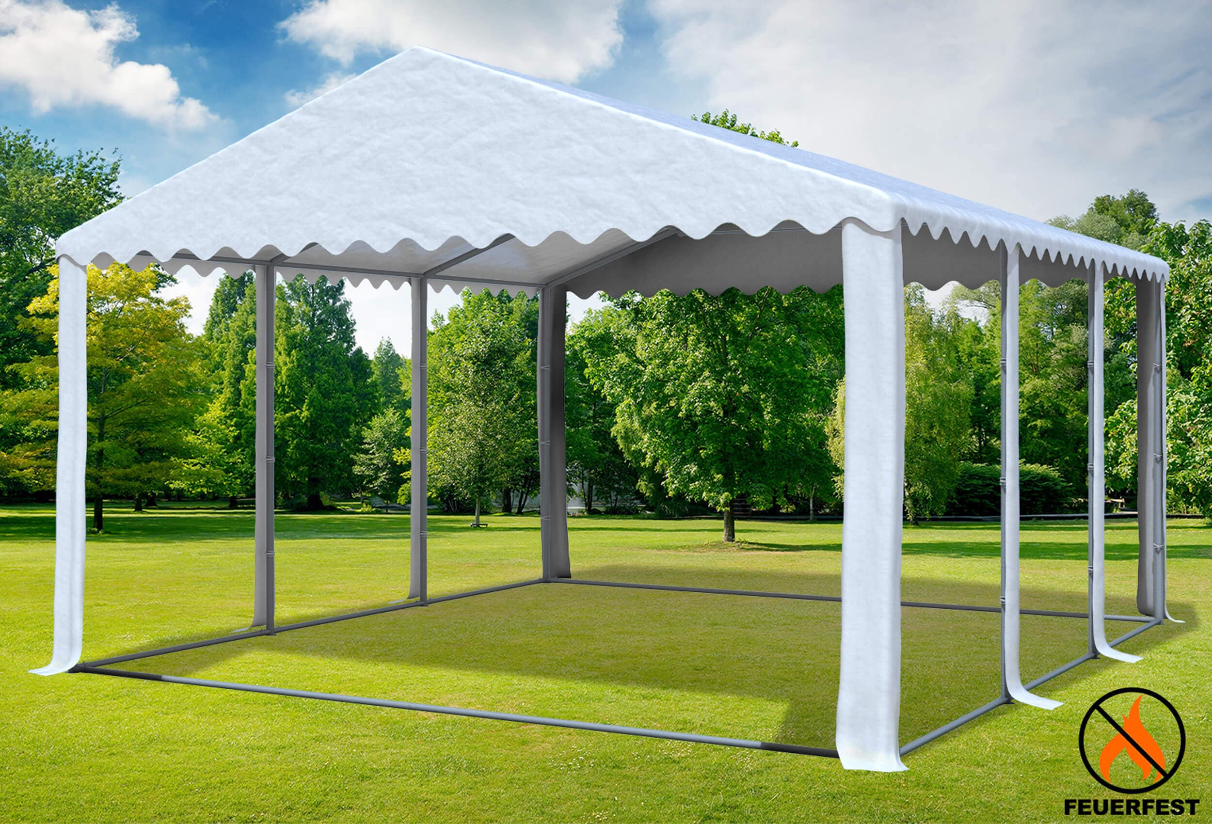 5x6 m Partyzelt, 2,6m Seitenhöhe PVC feuersicher weiß