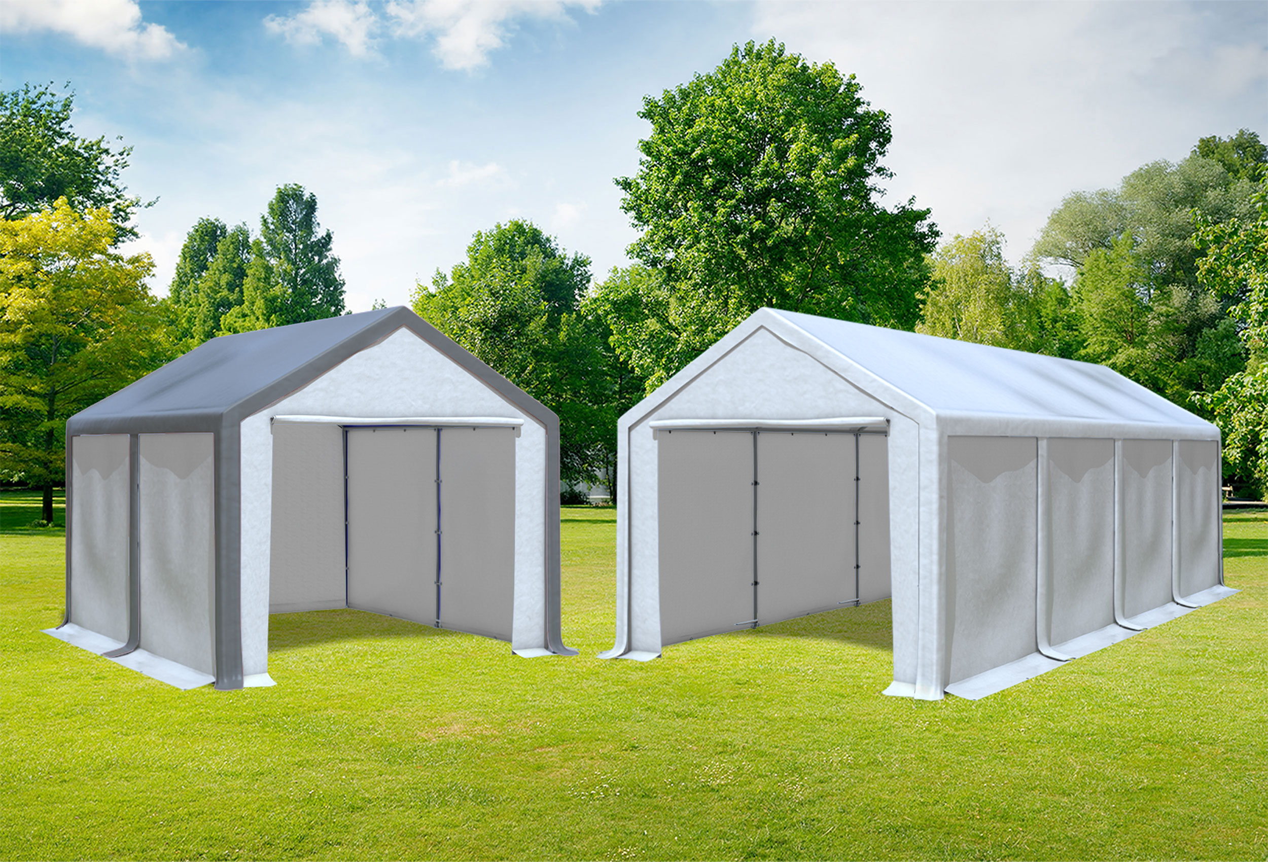 3x8 m 2in1 Kombizelt mit extra 3x4 m Dach, PVC weiß grau
