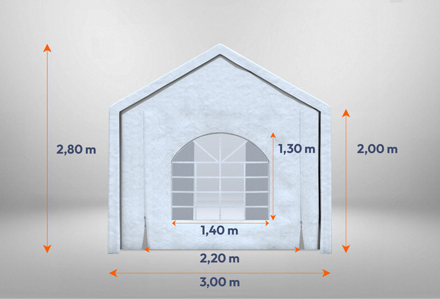 Giebelteil mit Fenster und Tür 3m für Partyzelte der Modular Serie mitsamt Bemaßung