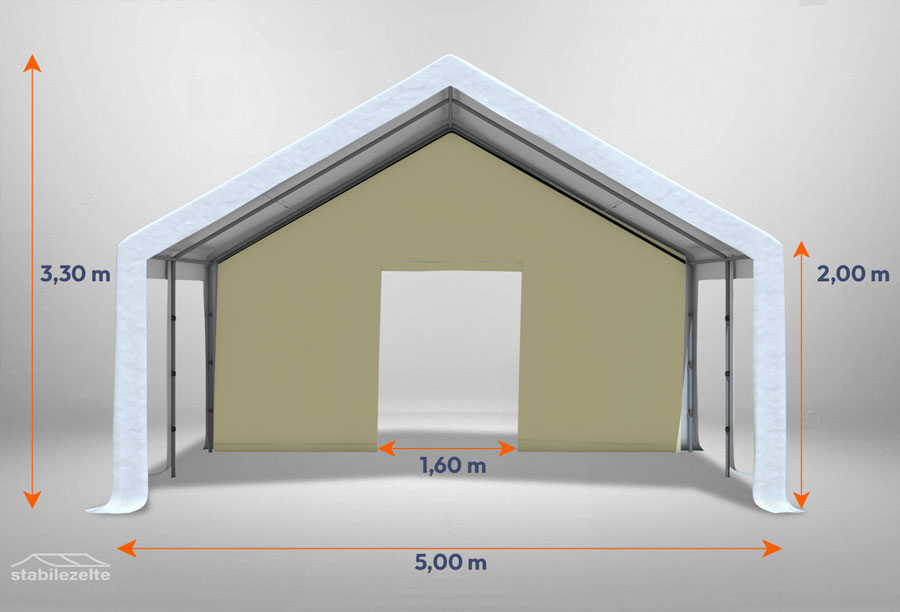Beiges Giebelteil mit kleiner Tür 5m für Partyzelte der Modular Serie mitsamt Bemaßung