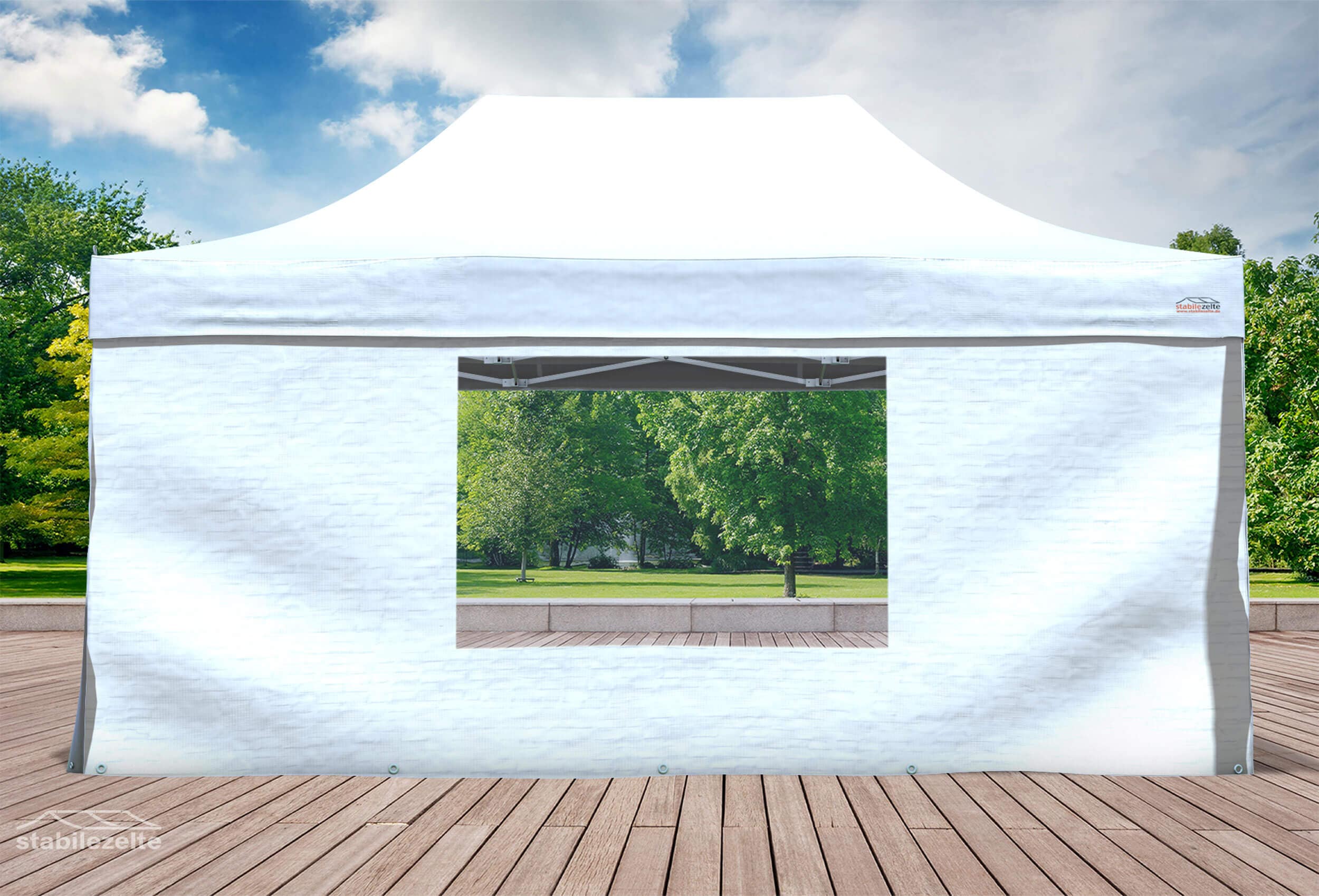 Seitenteil mit schlißbarem Fenster 4,5m für einen Faltpavillon aus PVC FR in weiß