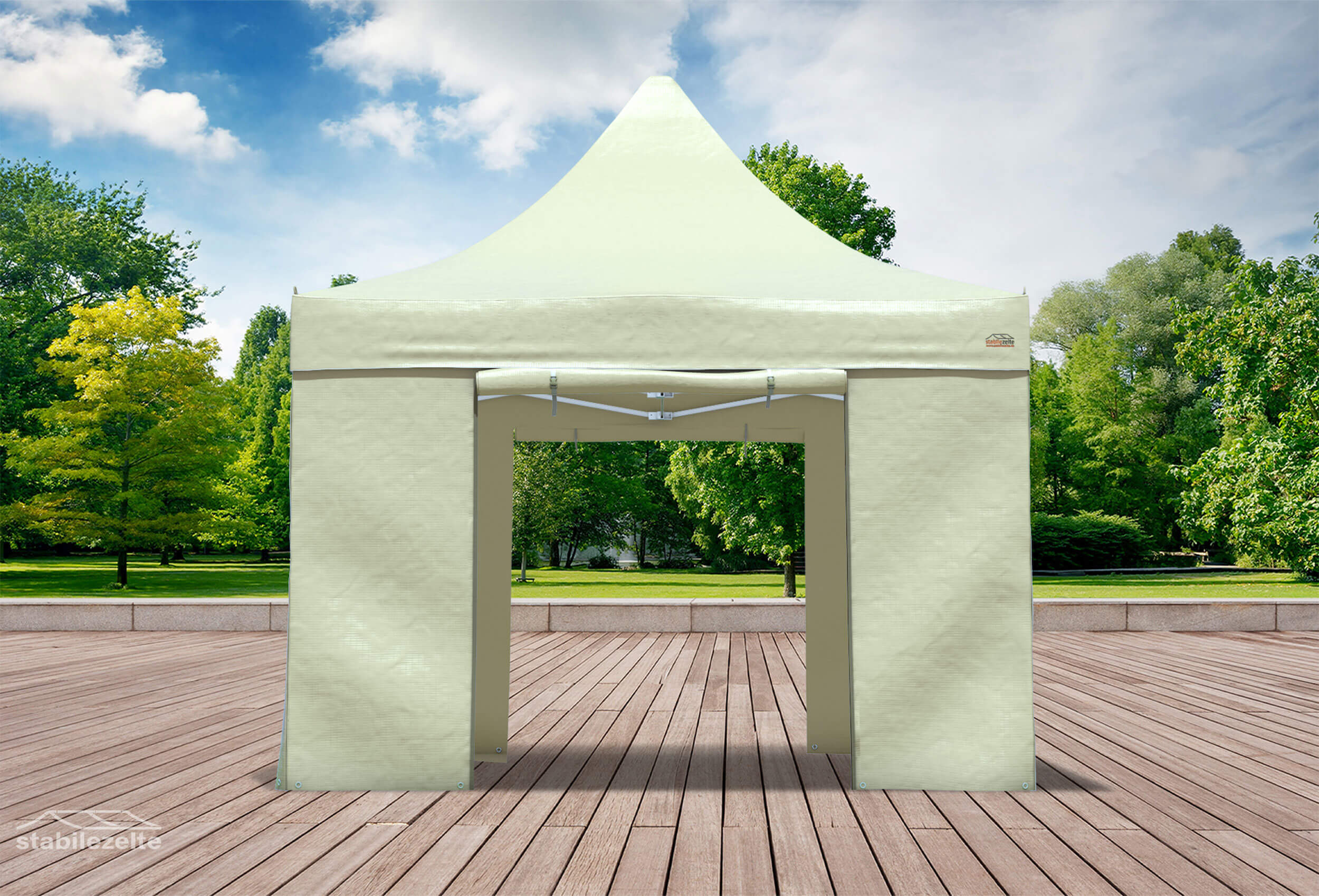 Beiger Faltpavillon mit geöffneten Türen 3 x 3m in einem Park