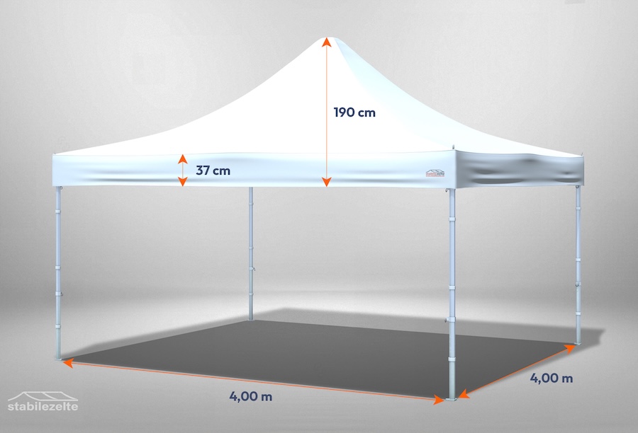 Faltpavillon 4 x 4m ohne Seitenteile mit Bemaßung