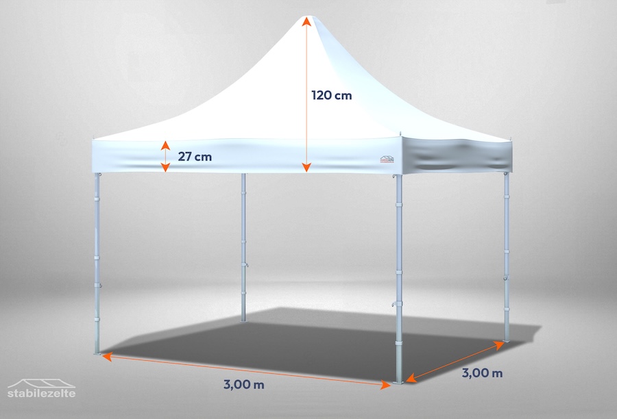 Faltpavillon 3m x 3m ohne Seitenteile mit Bemaßung